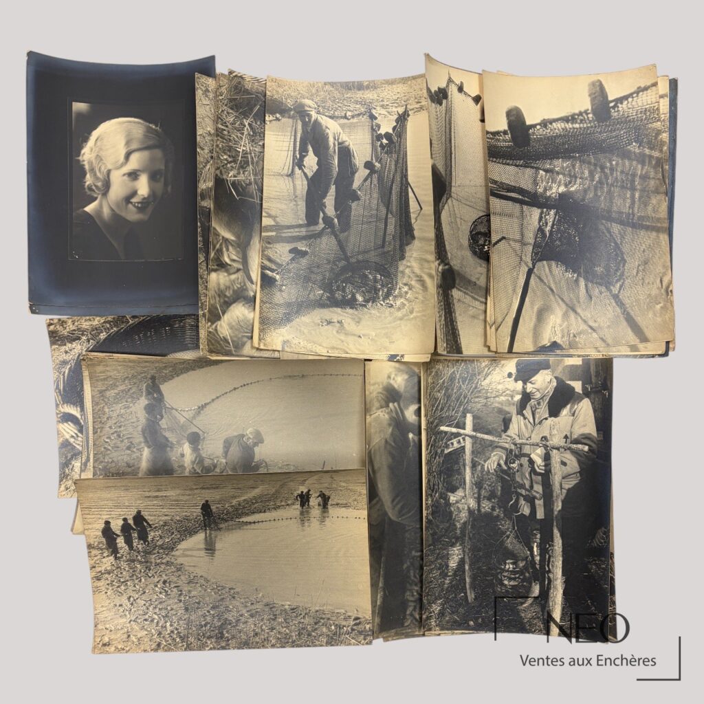 Ensemble de tirages photographiques noir et blanc montrant des scènes de pêche et un portrait de femme