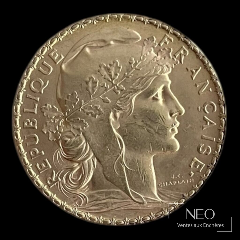 Avers d'une pièce 20 francs Marianne au coq avec profil de Marianne