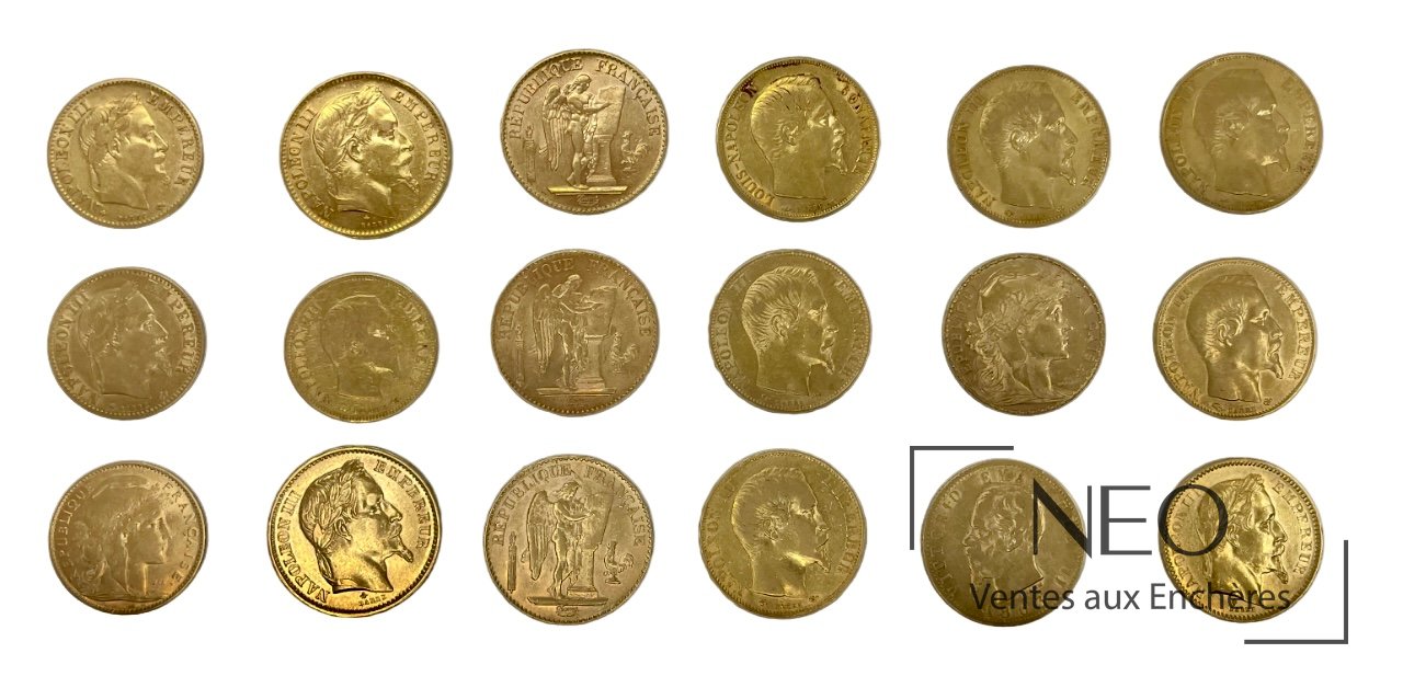 Ensemble de dix-huit pièces d&rsquo;or françaises Napoléon III, Marianne, Génie et Victor-Emmanuel II