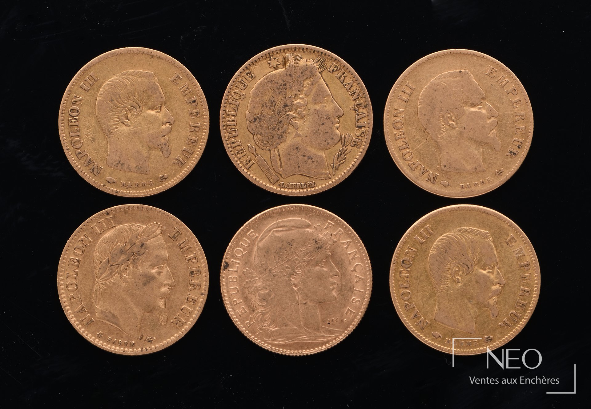 Lot de six pièces de 10 francs or : Céres, Napoléon III et Coq