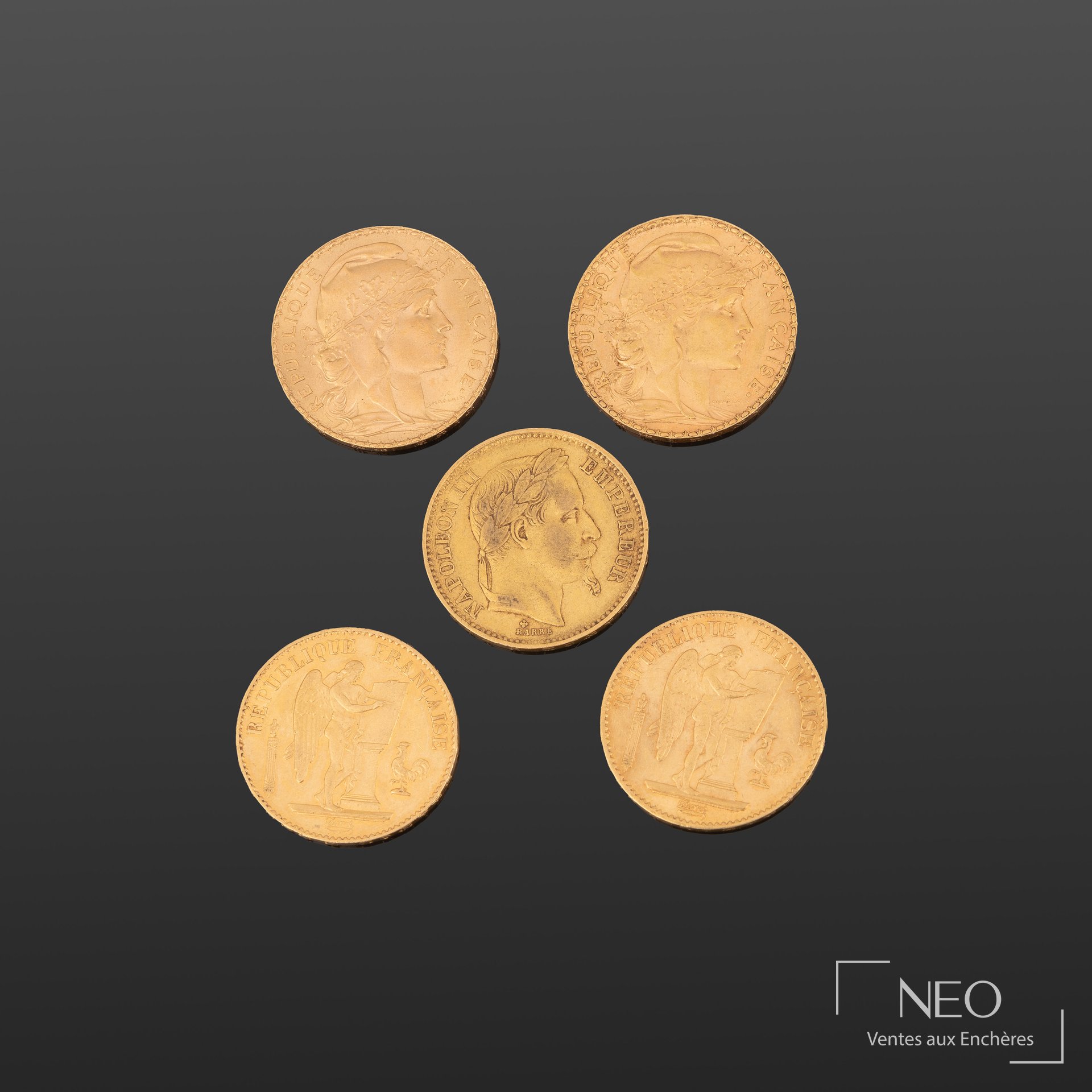 Lot de 5 pièces de 20 francs or Napoléon III, Génie ailé et Marianne