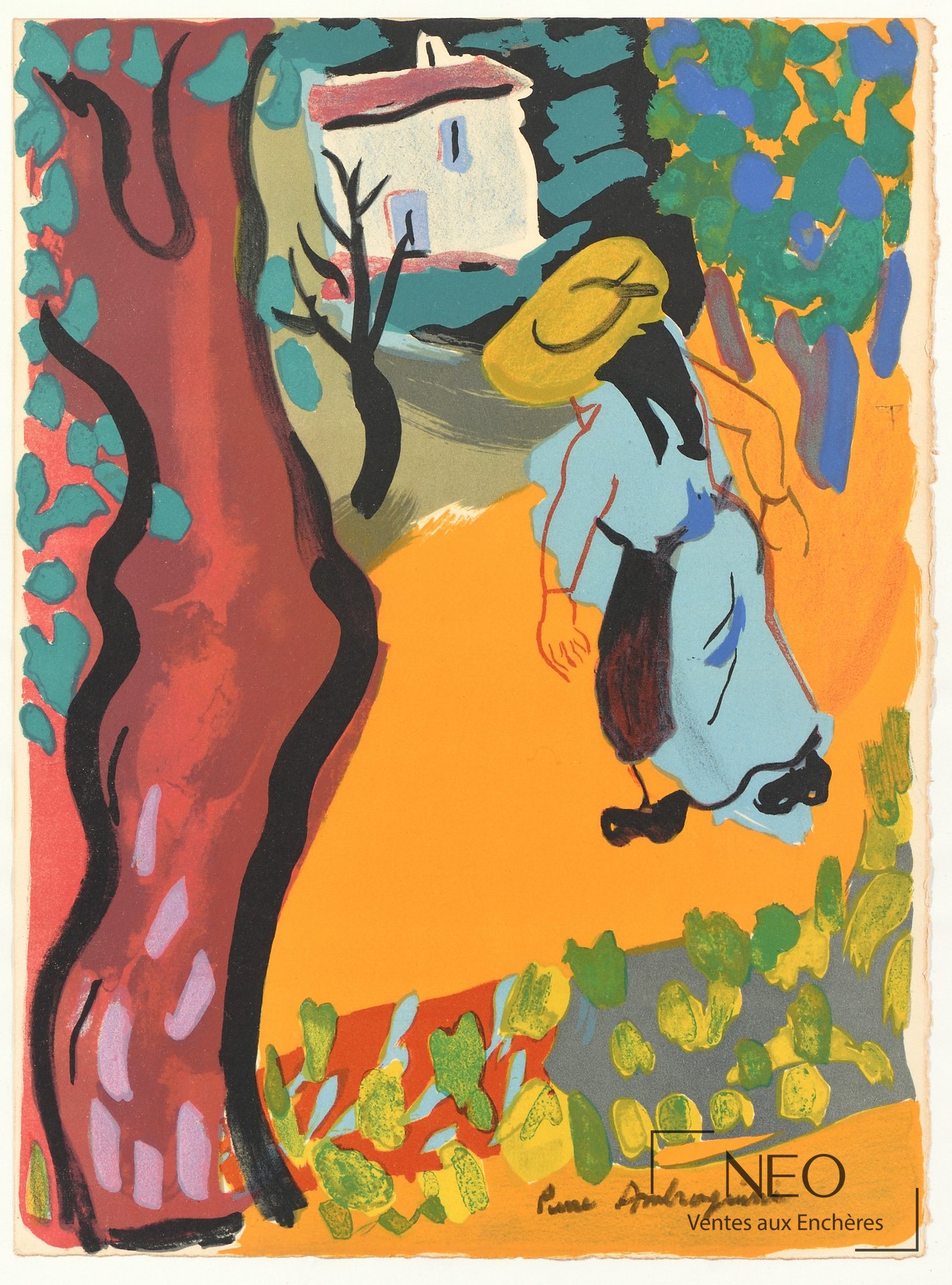 Lithographie colorée de Pierre Ambrogiani représentant une scène de hameau avec arbre et maison