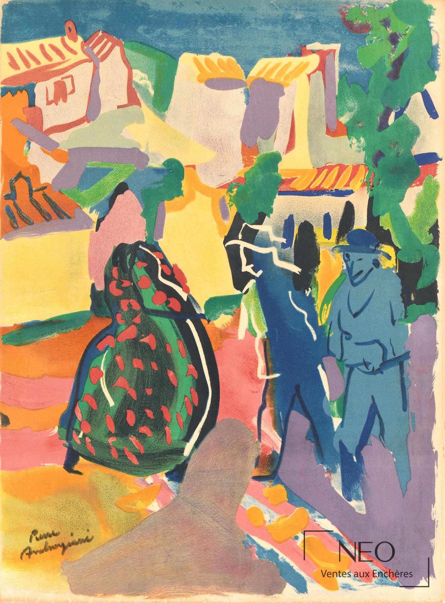 Lithographie colorée de Pierre Ambrogiani représentant une scène de village en Provence