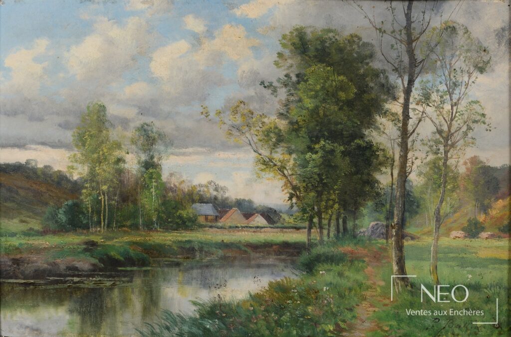 Paysage lacustre de Pierre Ernest Ballue peint à l’huile sur panneau