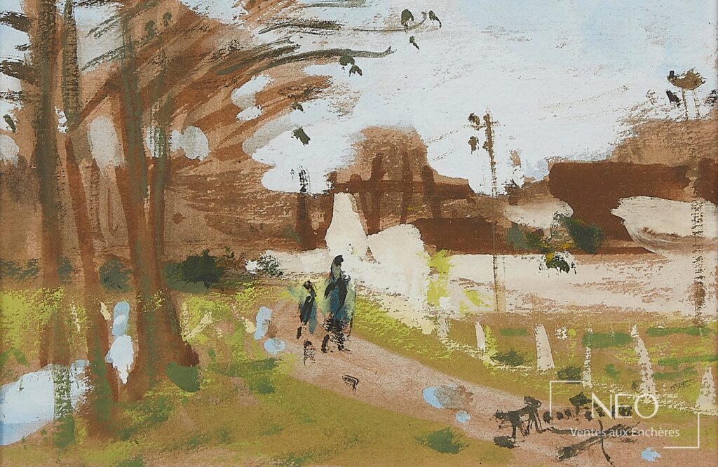 Gouache de Montezin montrant une promenade arborée au bord de l'eau