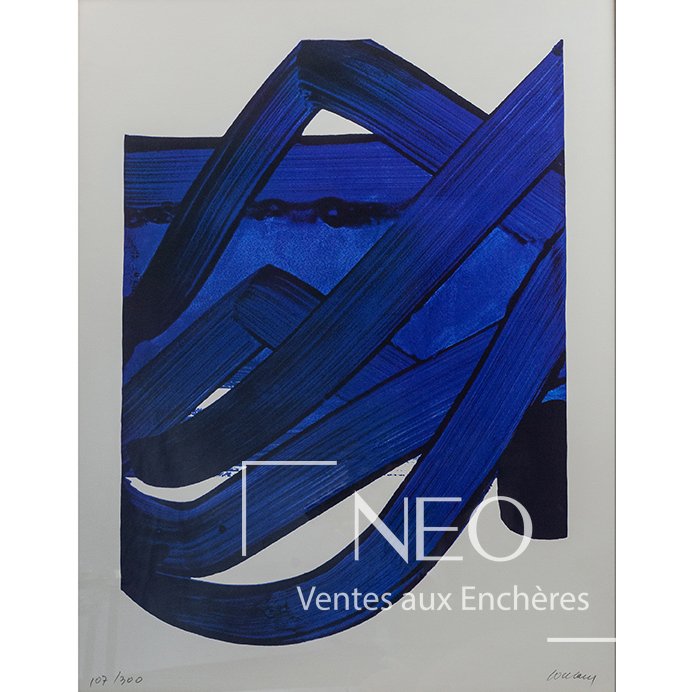 Sérigraphie abstraite bleue de Pierre Soulages