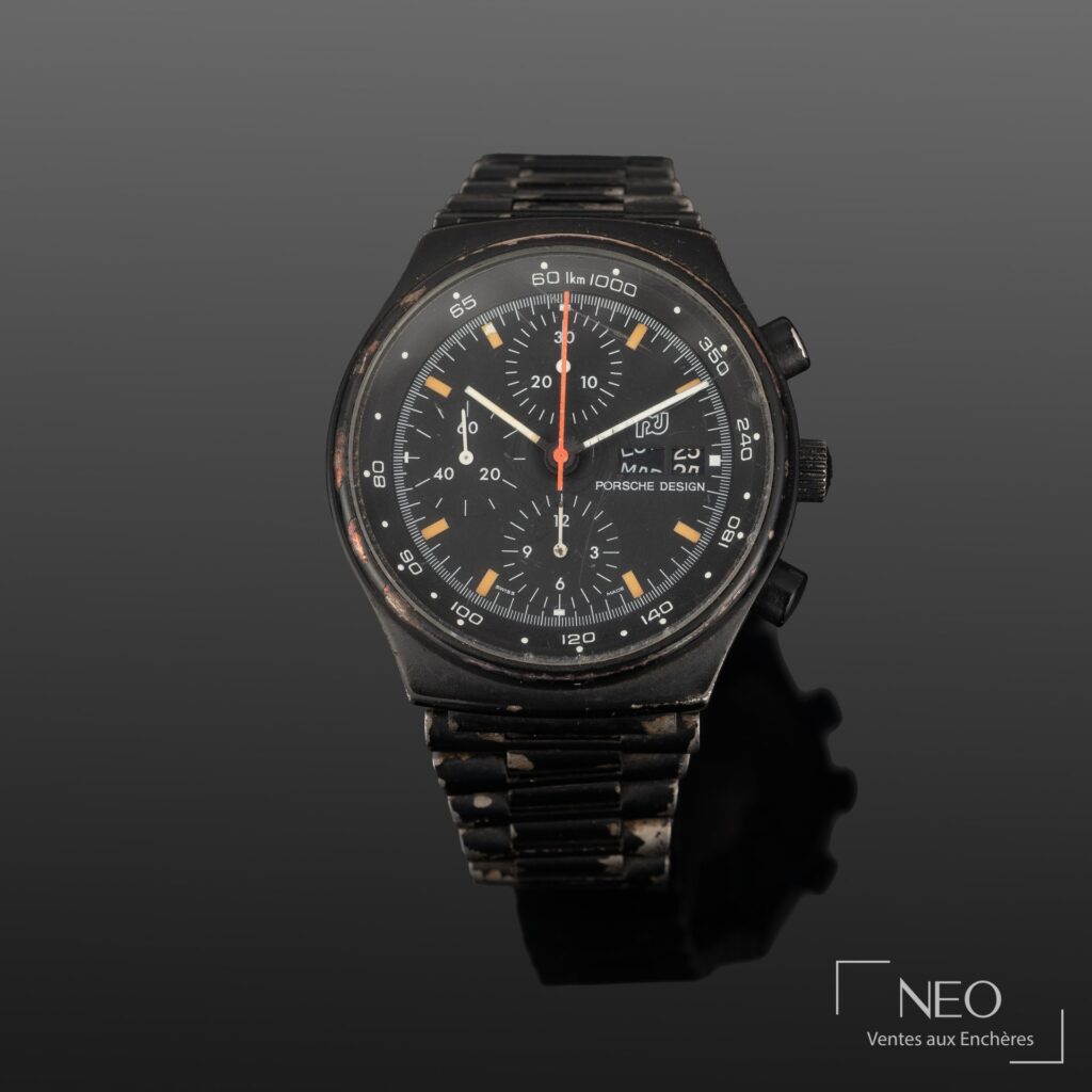 Montre Porsche Design par Orfina au cadran noir avec chronographe et guichet jour-date