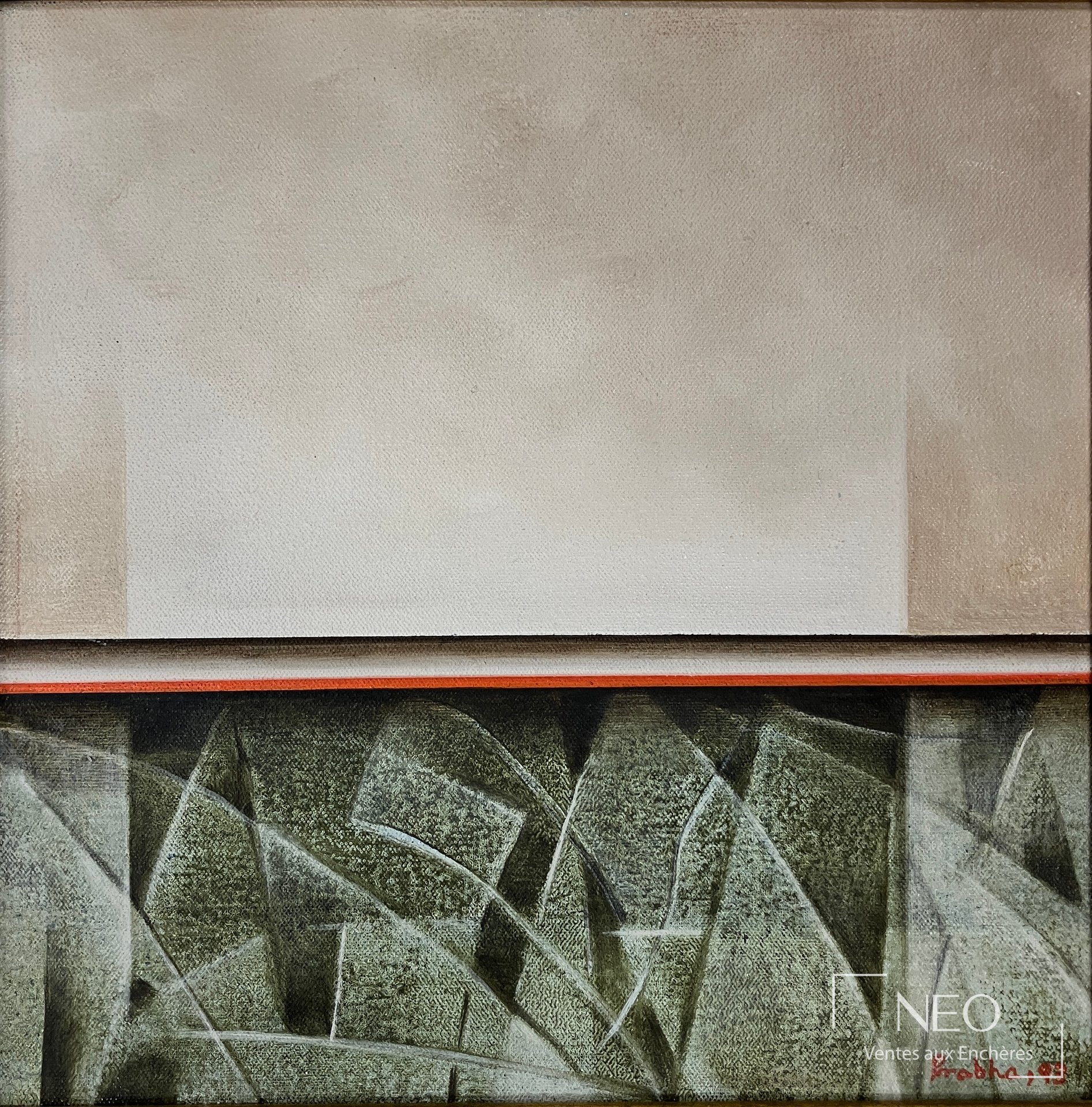 Prabha Shah, Stones and Clouds, huile sur toile signée et datée 1993