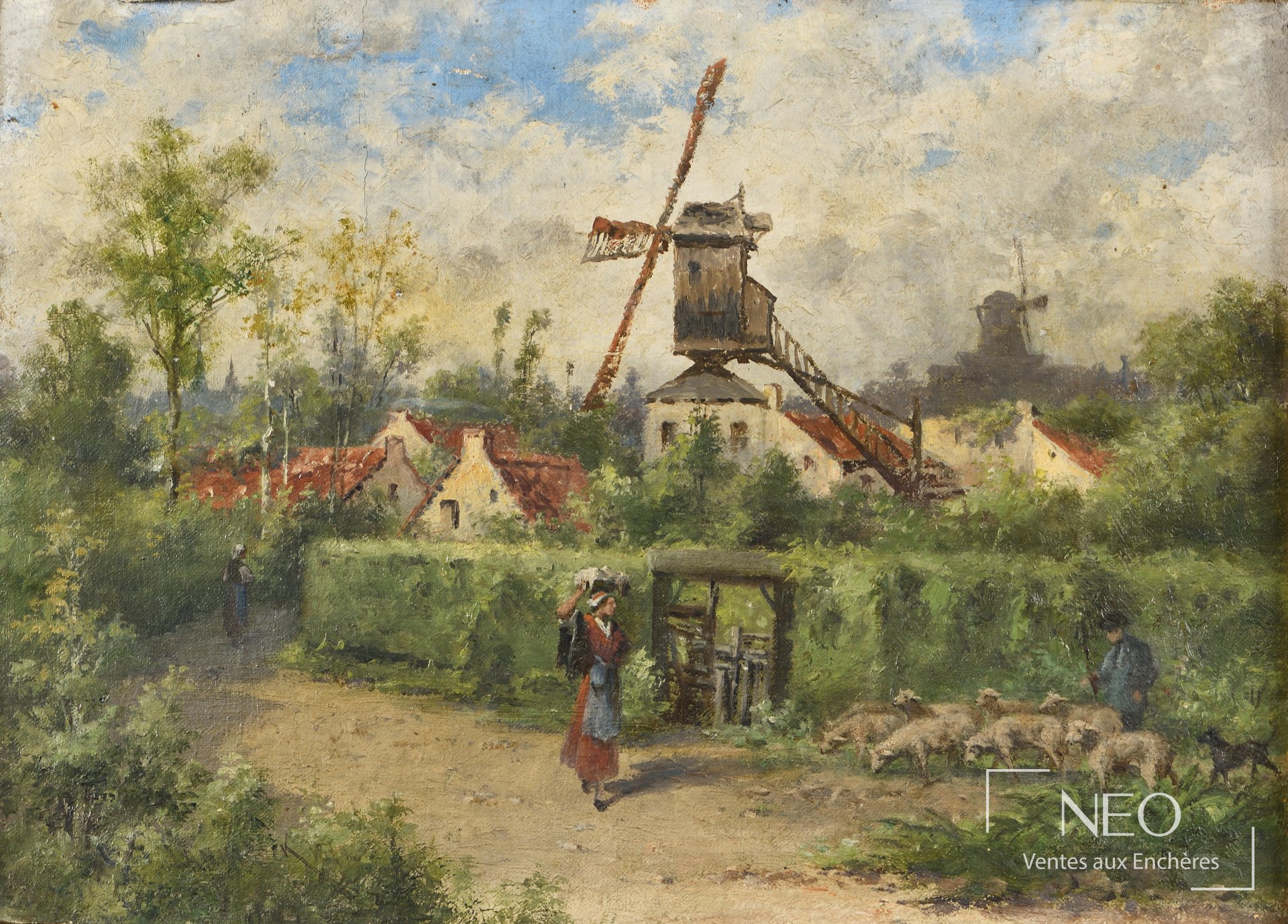 Promenade au moulin, huile sur toile contrecollée sur panneau de bois, école du XIXe siècle