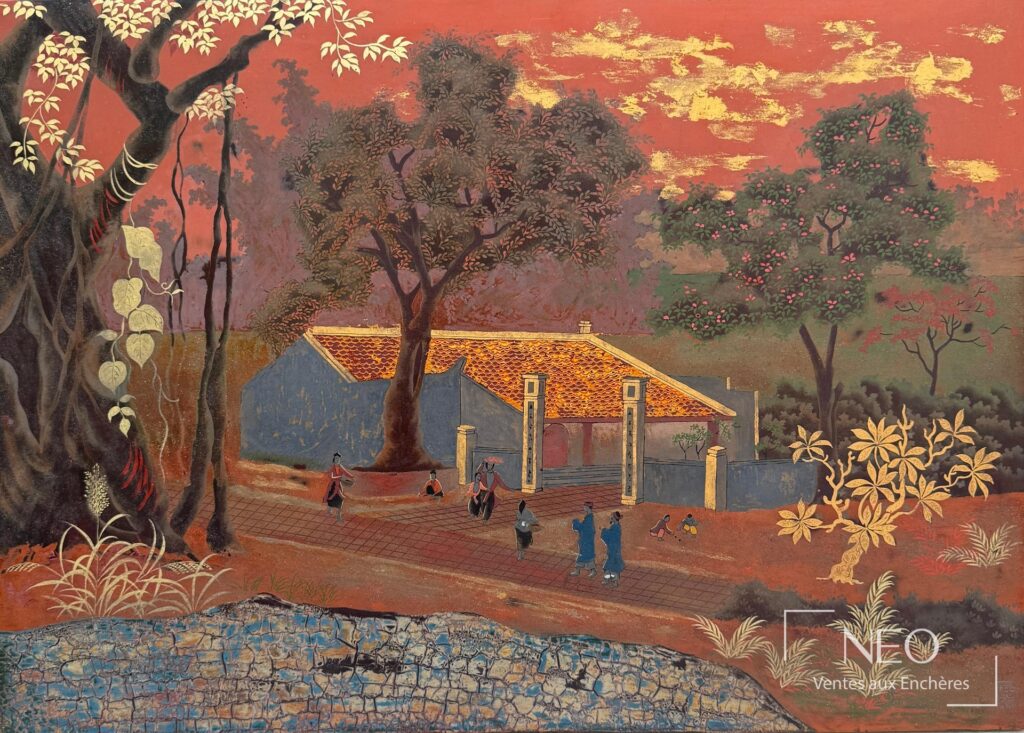 Paysage vietnamien en laque polychrome et or représentant une route villageoise et des personnages devant une maison