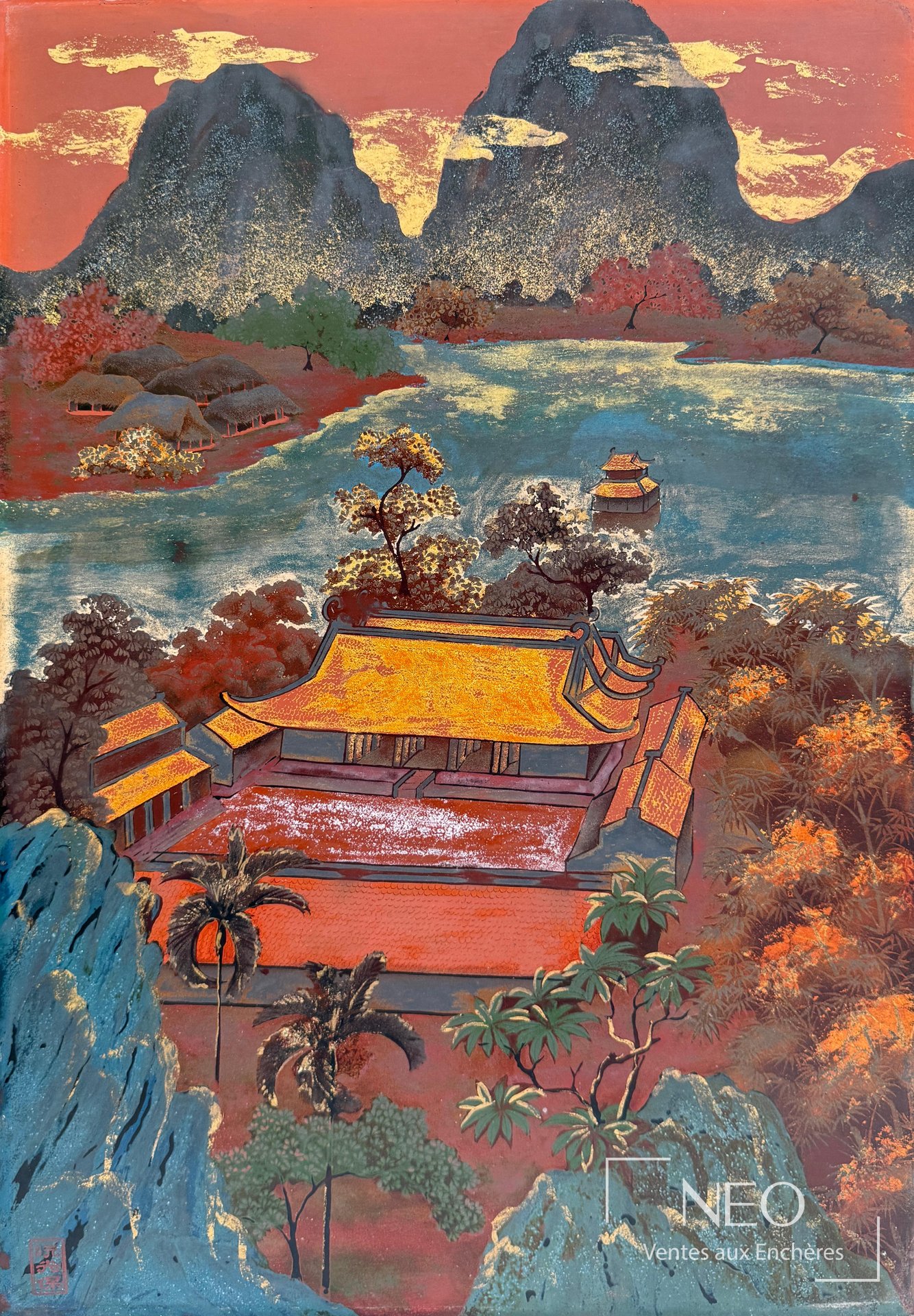 Vue d'un temple en laque polychrome et or