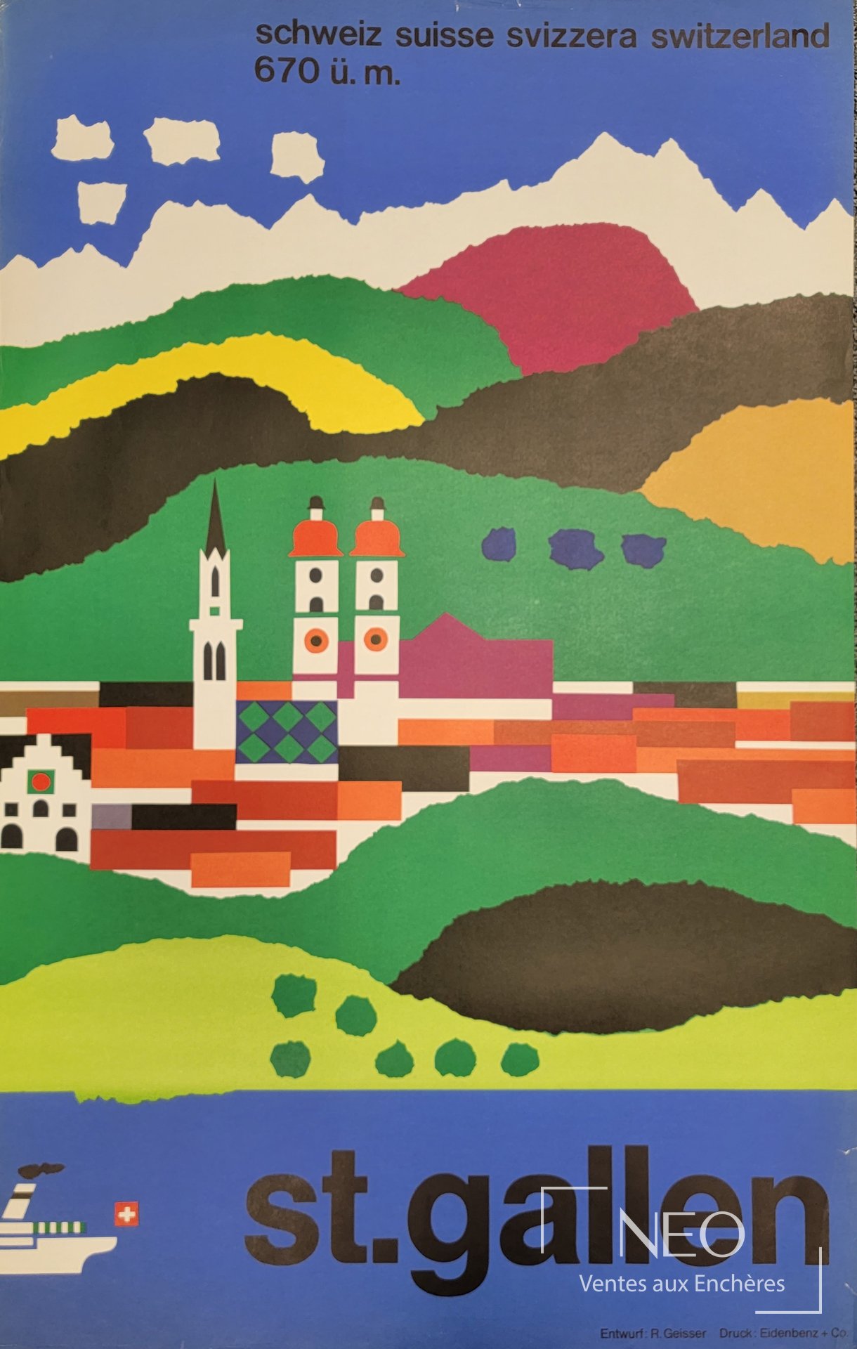 R. Geisser, d’après Saint Gallen, Suisse, affiche offset en couleurs, 1970