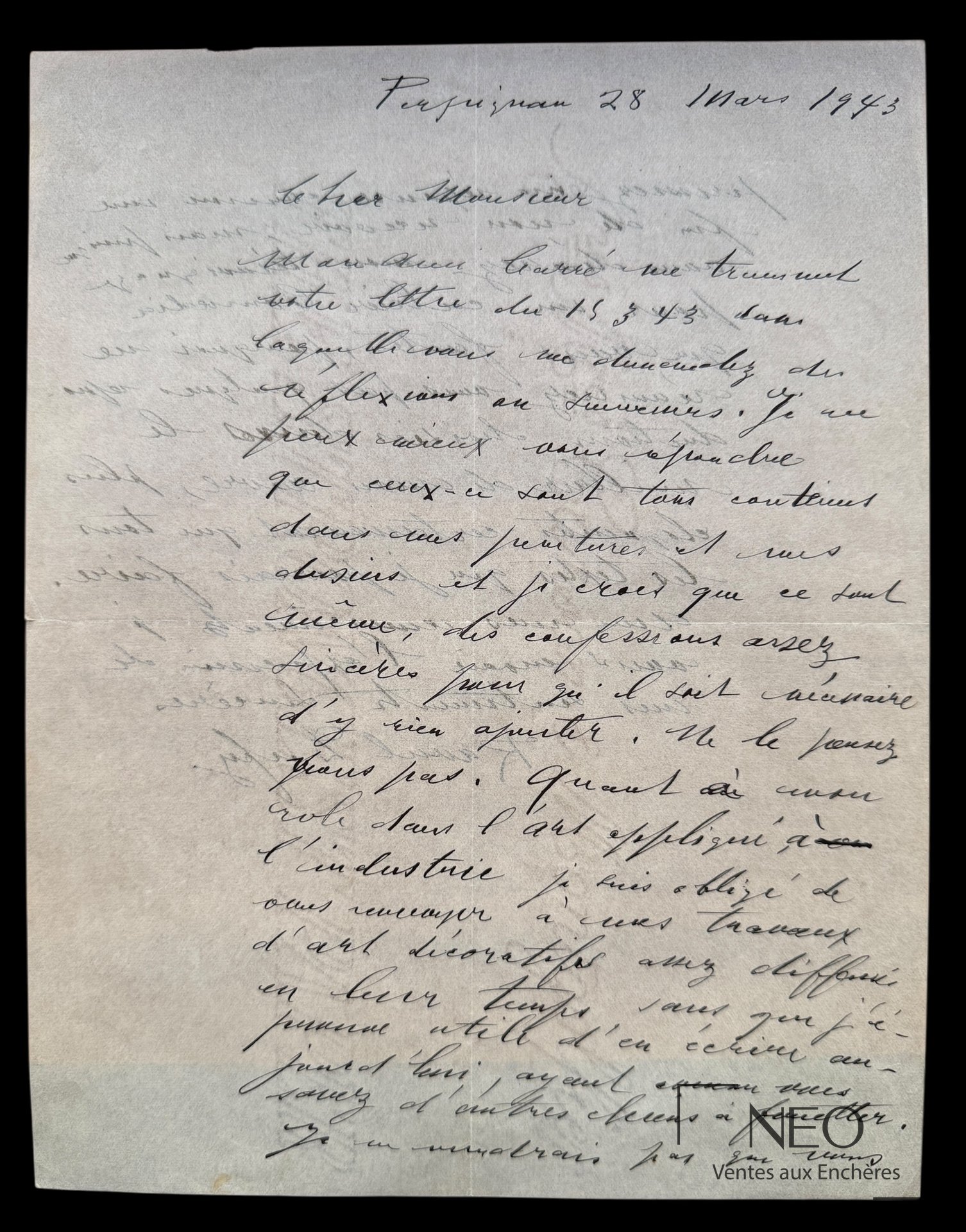 Raoul Dufy Lettre autographe signée, Perpignan, 1943
