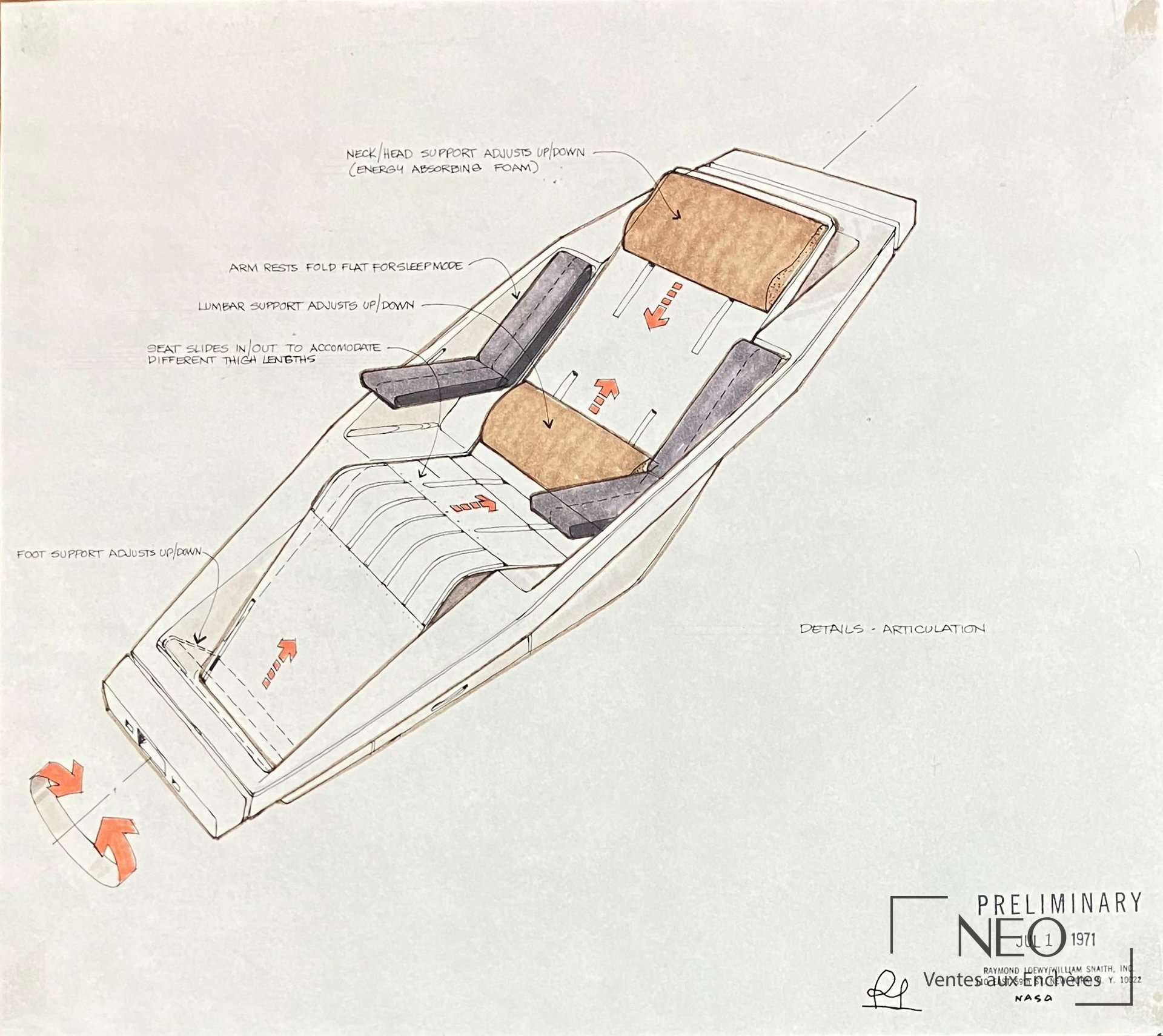 Dessin technique d'un fauteuil avec annotations manuscrites et mise en couleur légère