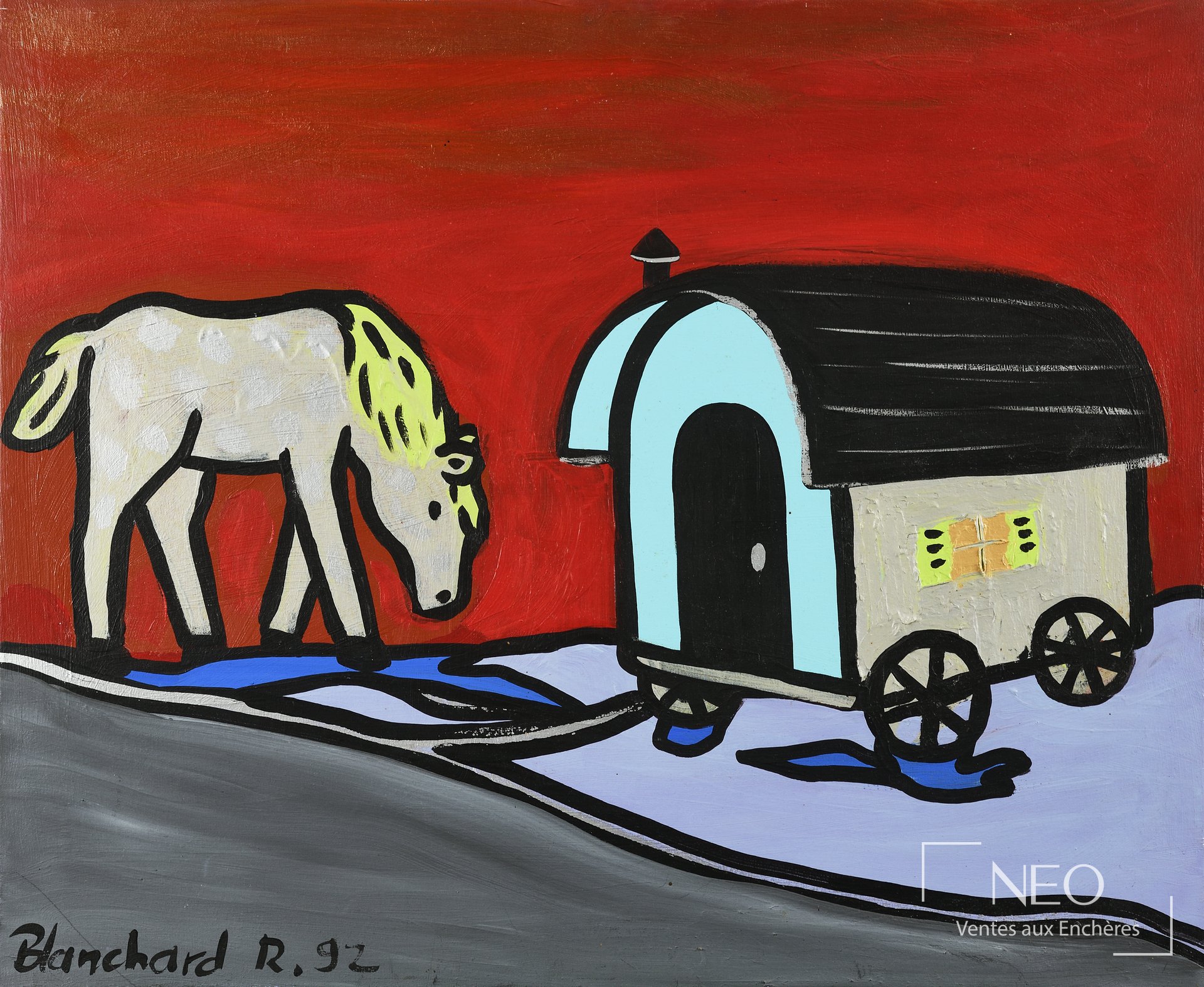 Rémi Blanchard Cheval et roulotte, 1992, acrylique sur toile