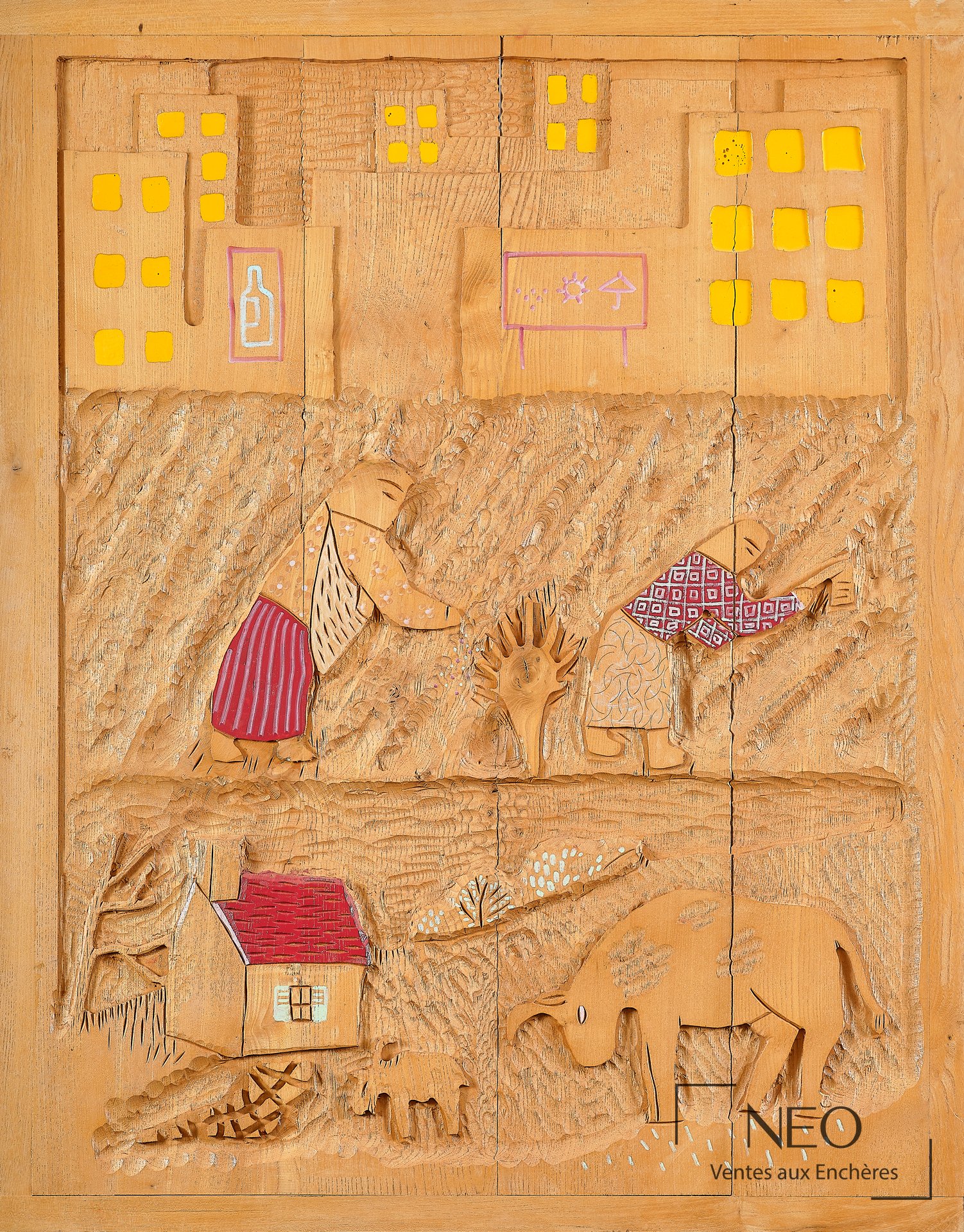 Composition colorée de Rémi Blanchard sur panneaux de bois