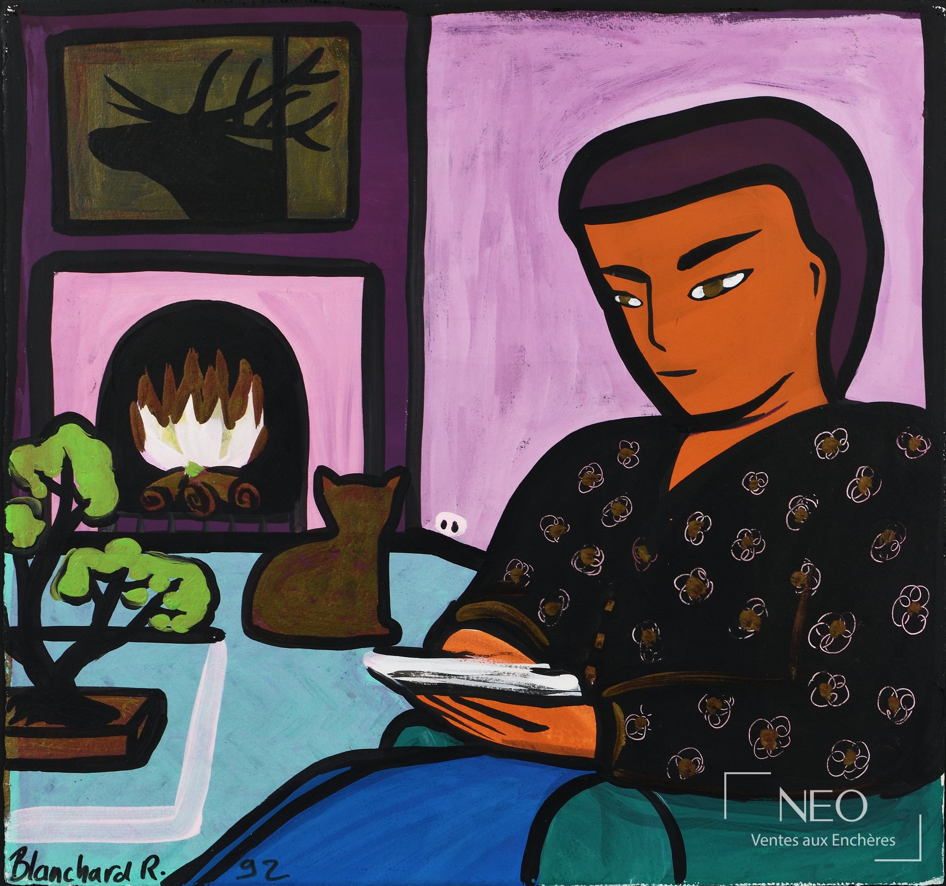 Rémi Blanchard Portrait au chat, 1992, acrylique sur papier