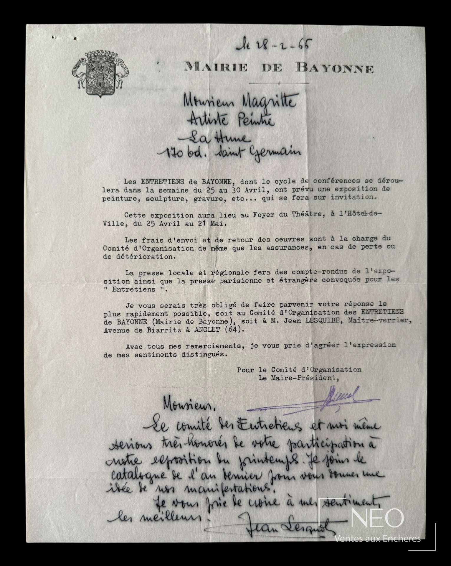 René Magritte lettre dactylographiée avec apostille autographe, 28 février 1966
