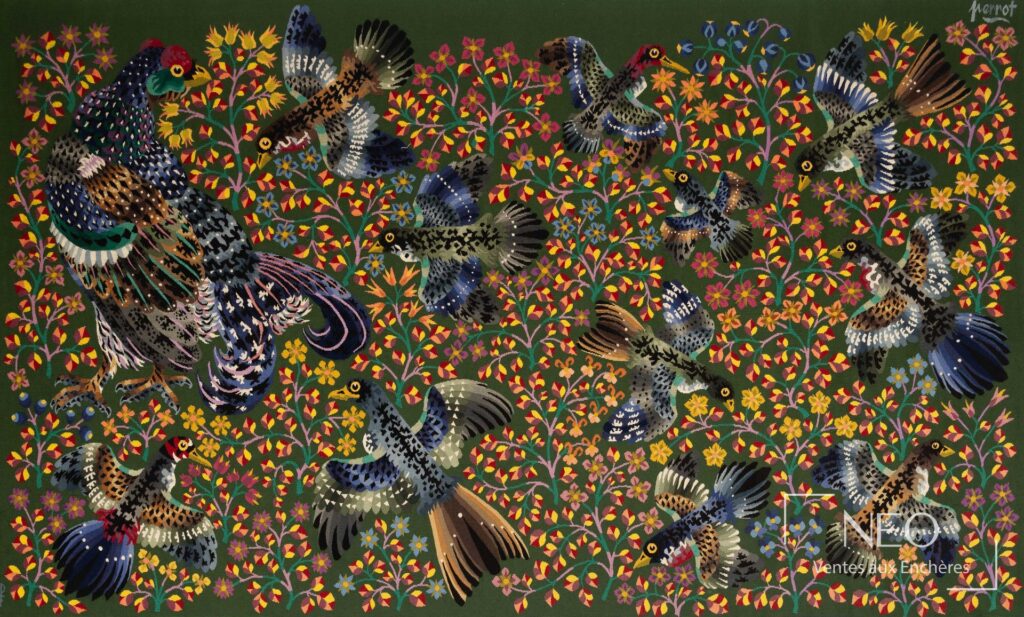 Tapisserie d'Aubusson aux oiseaux et fleurs sur fond vert