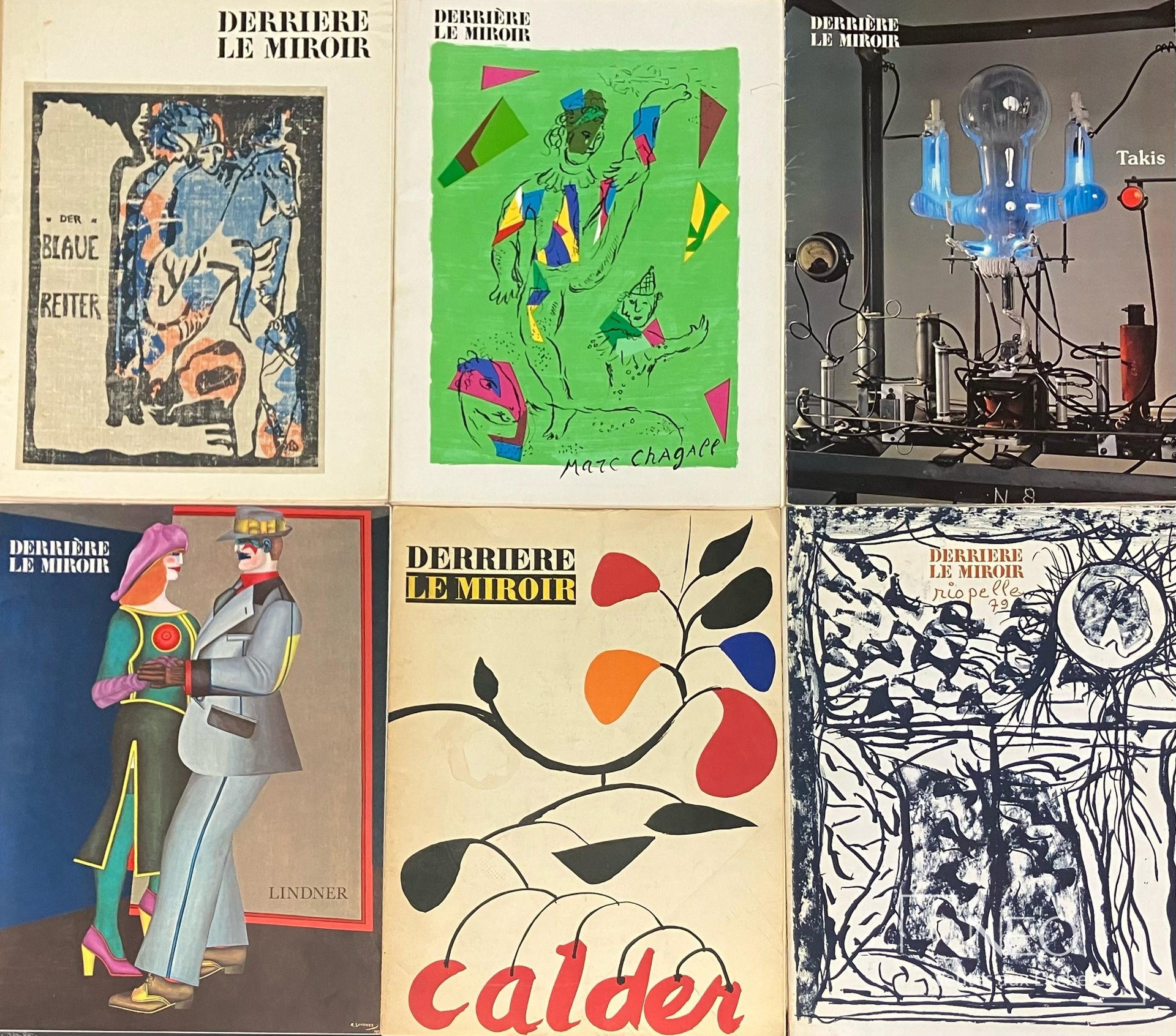 Ensemble de 7 revues Derrière le miroir, numéros illustrés par Chagall, Takis, Riopelle et Calder