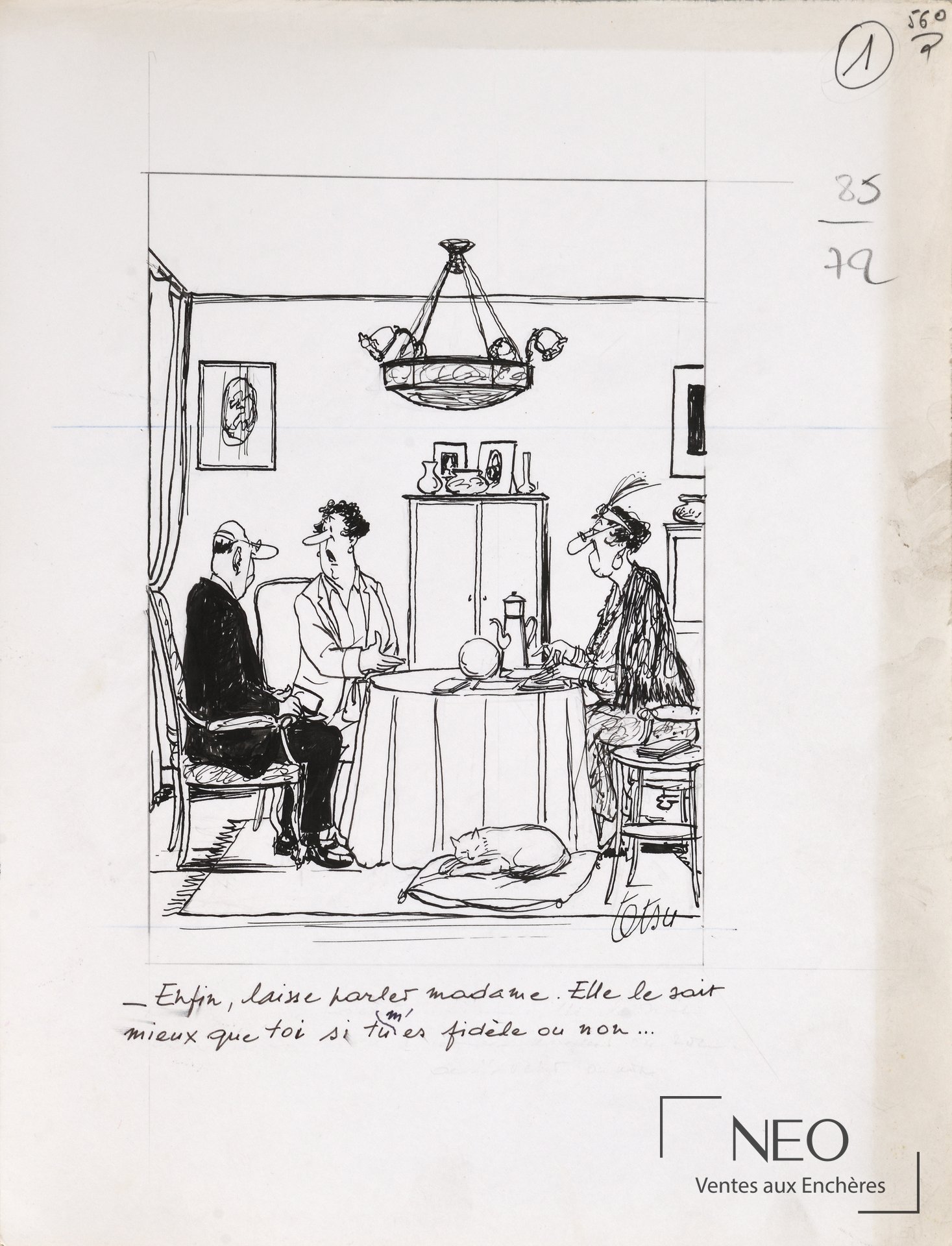 Dessin à l'encre de Roger Tetsu avec scène de conversation dans un intérieur