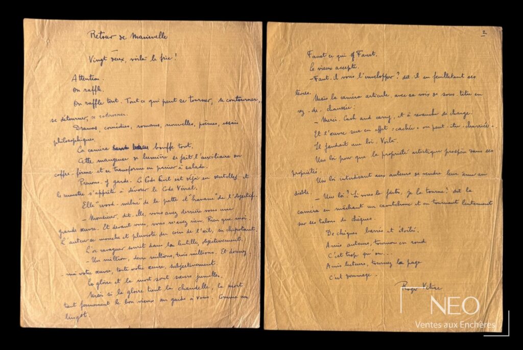 Deux pages d'un manuscrit autographe signé à l'encre bleue sur papier jaune