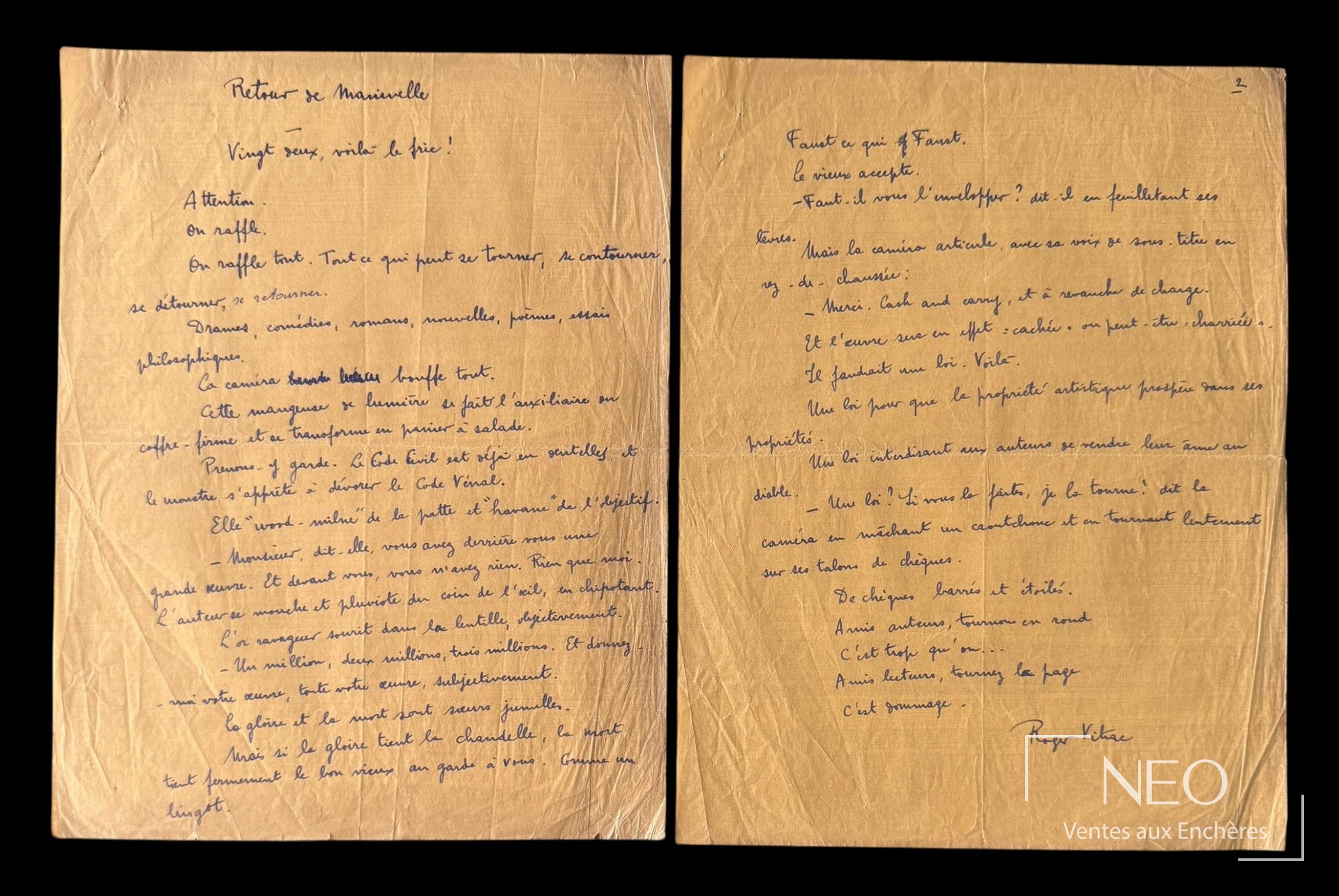 Deux pages d'un manuscrit autographe signé à l'encre bleue sur papier jaune