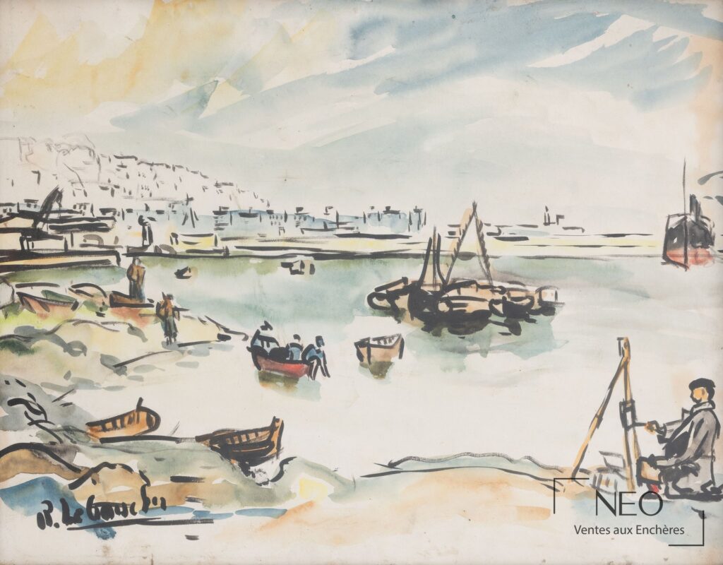 Aquarelle de ville portuaire avec bateaux et silhouettes sur le quai