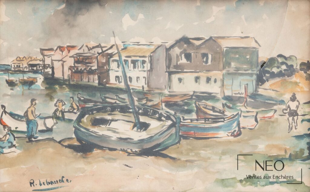 Aquarelle représentant des barques à marée basse devant des maisons de bord de mer