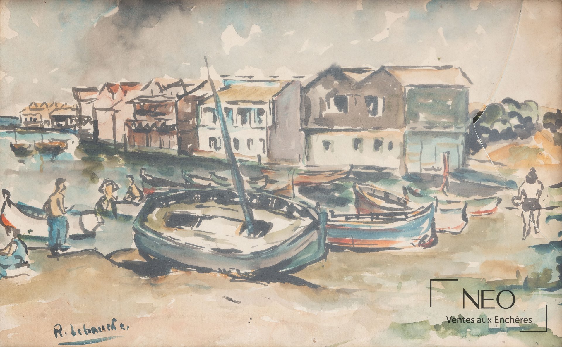 Aquarelle représentant des barques à marée basse devant des maisons de bord de mer