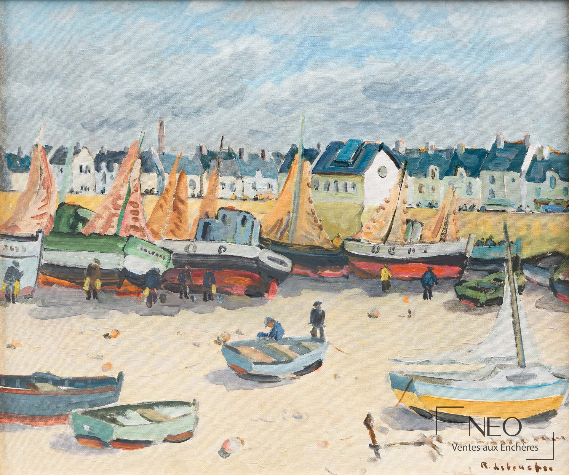 Huile sur toile de Roland Le Boucher représentant des bateaux à marée basse
