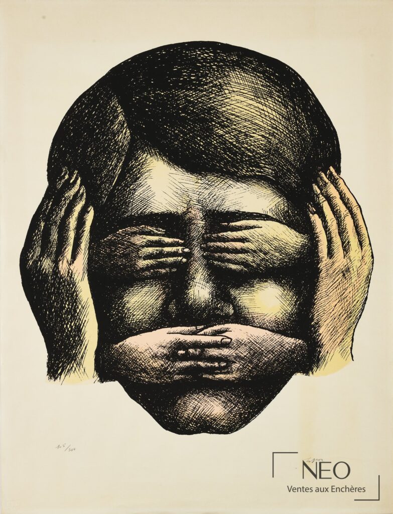 Lithographie en couleurs de Roland Topor montrant un visage stylisé aux mains sur les côtés.