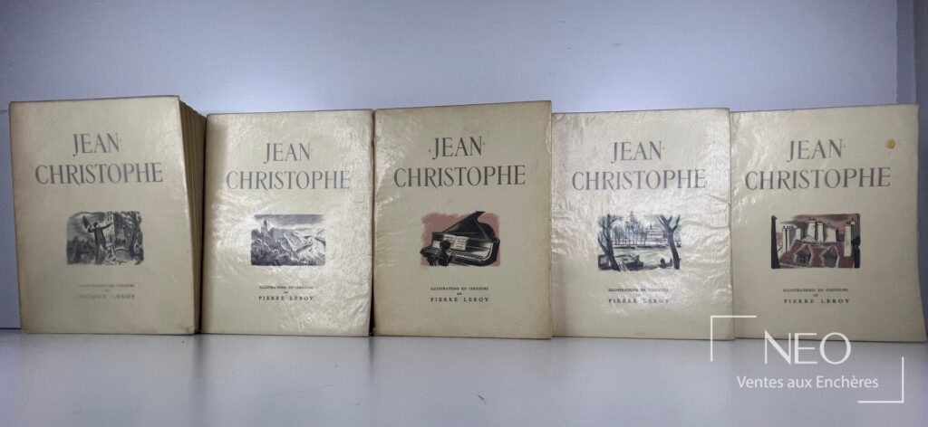 Cinq volumes brochés de Jean-Christophe alignés de face