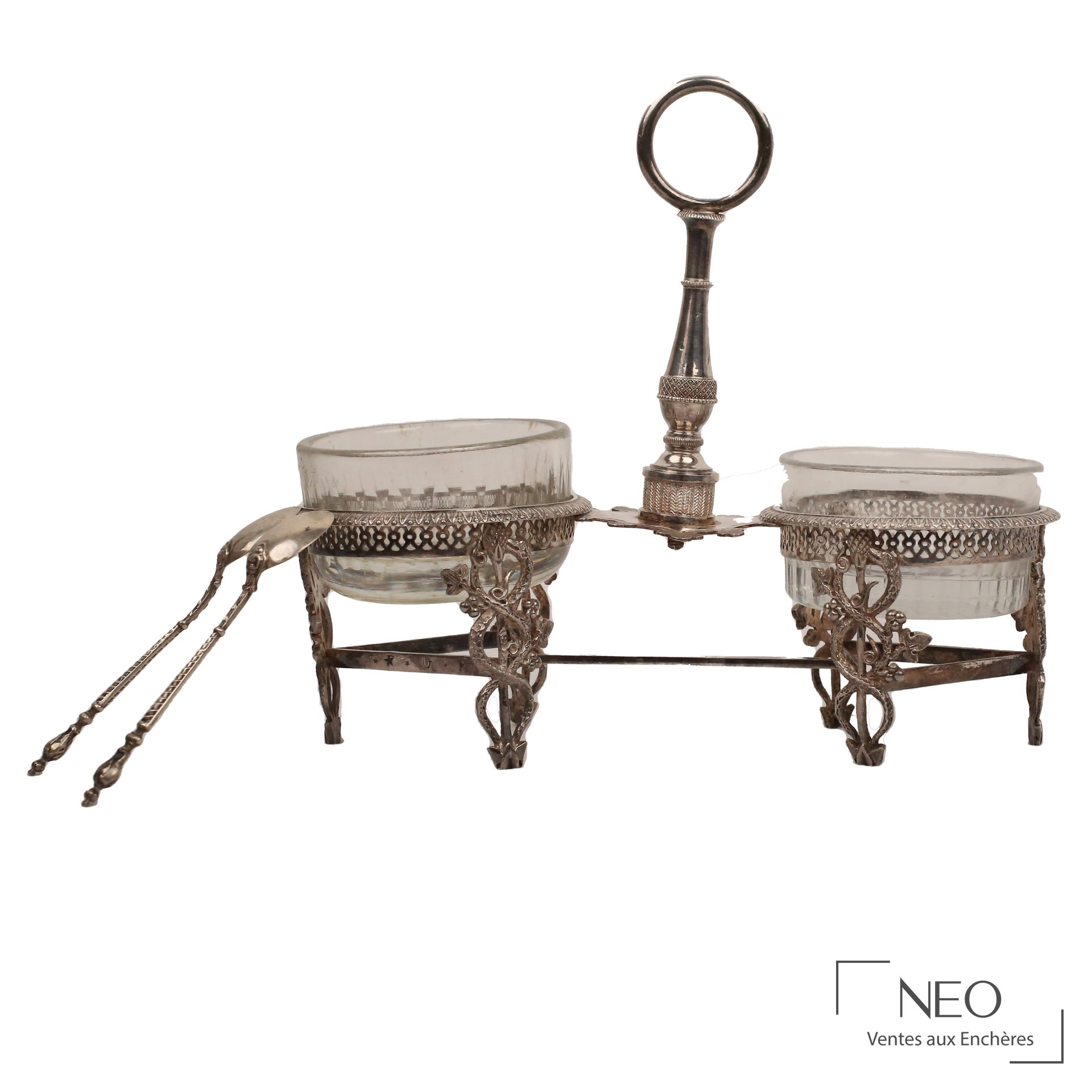 Saleron double en argent avec deux coupes en verre et cuillères assorties