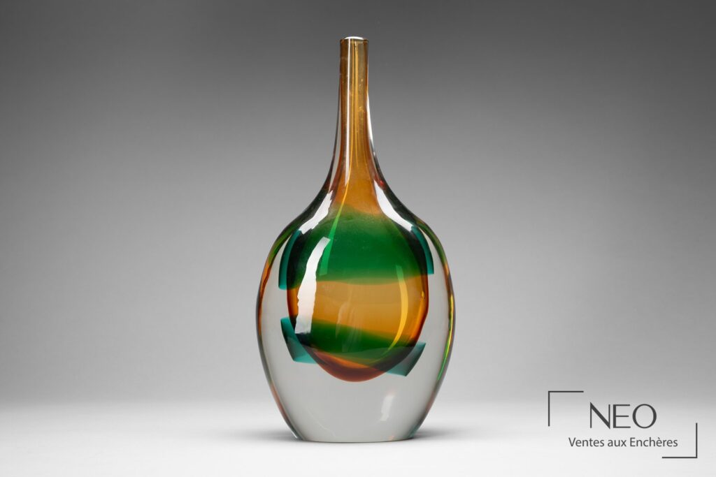 Vase soliflore Salviati Murano en verre orange et vert
