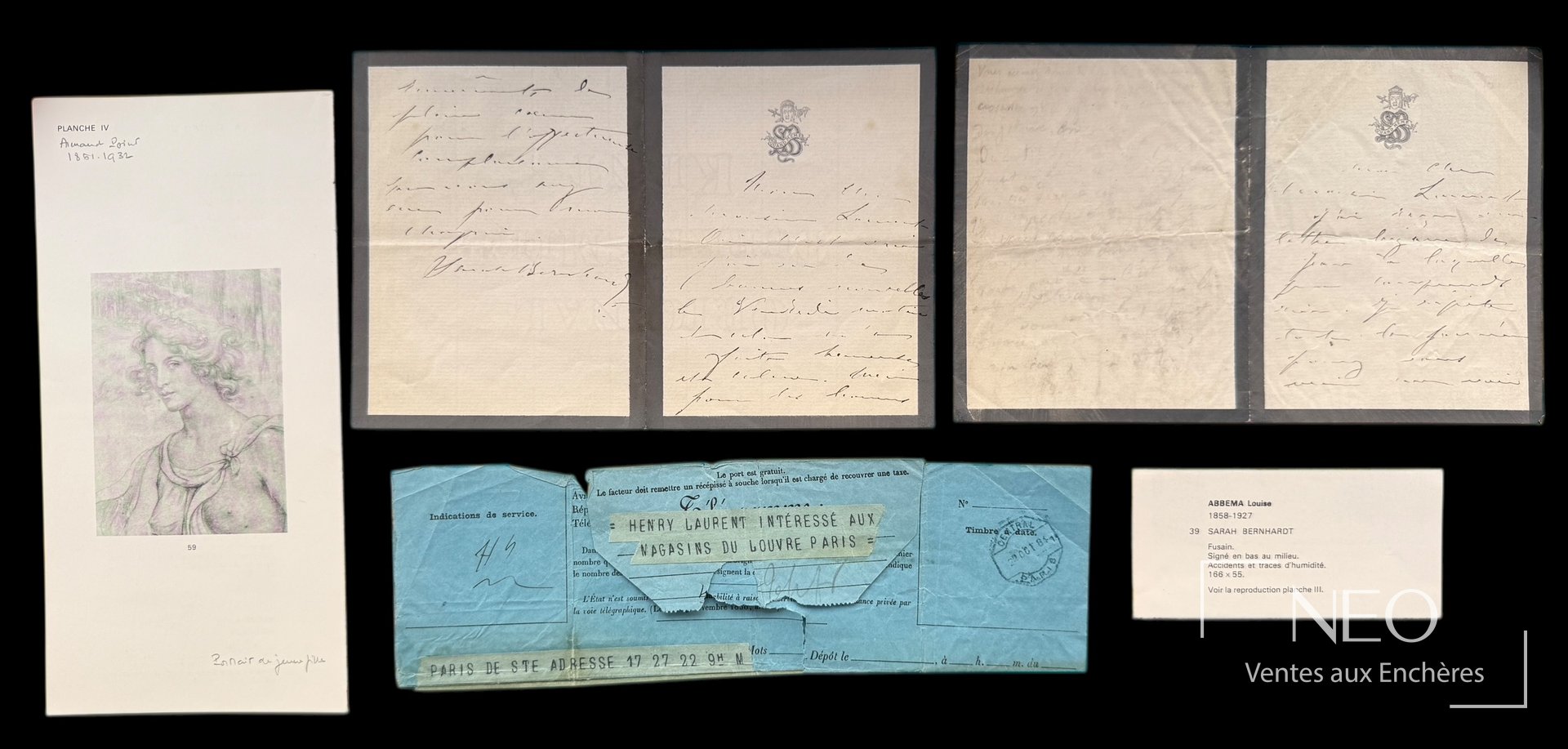 Sarah Bernhardt Ensemble de 2 lettres autographes signées et télégramme dactylographié