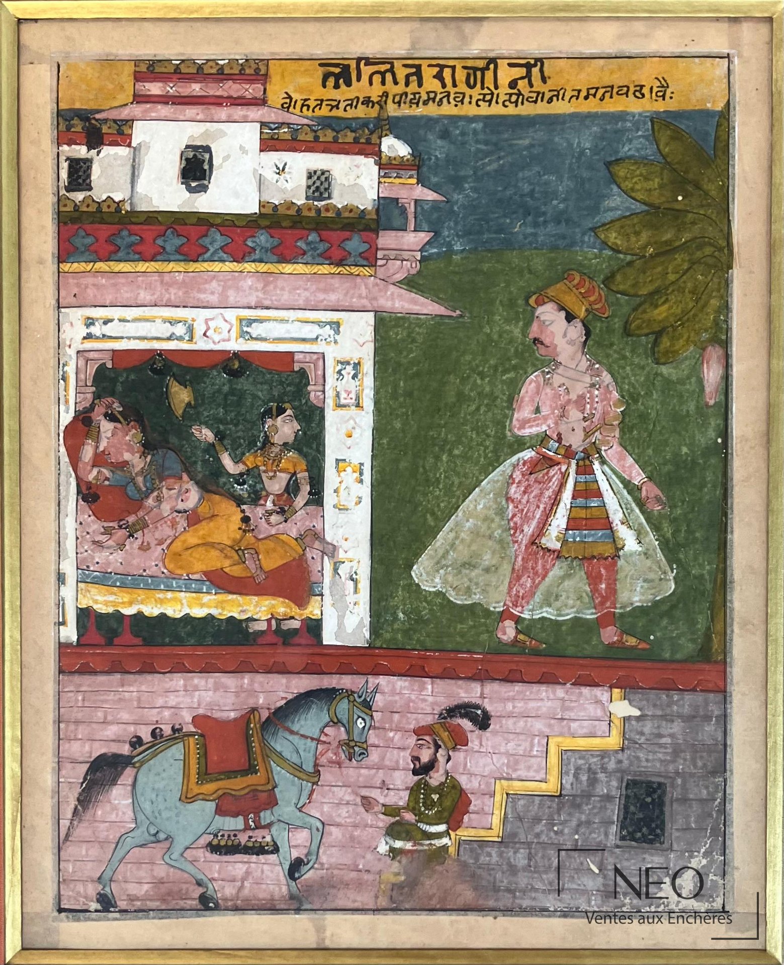 Miniature indienne encadrée représentant une scène de Ragamala avec personnage masculin et architecture