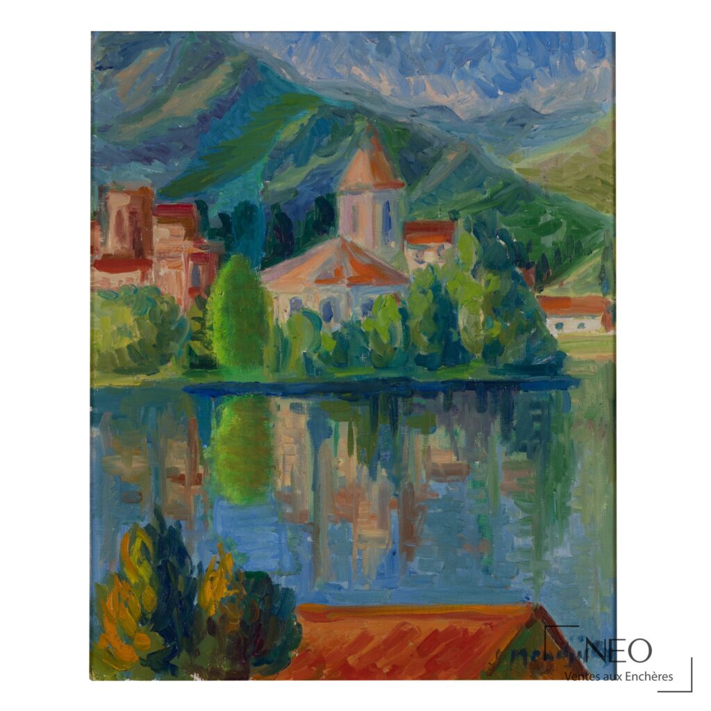 Huile sur toile de Serge Mendjiski représentant Le Lac d'Annecy