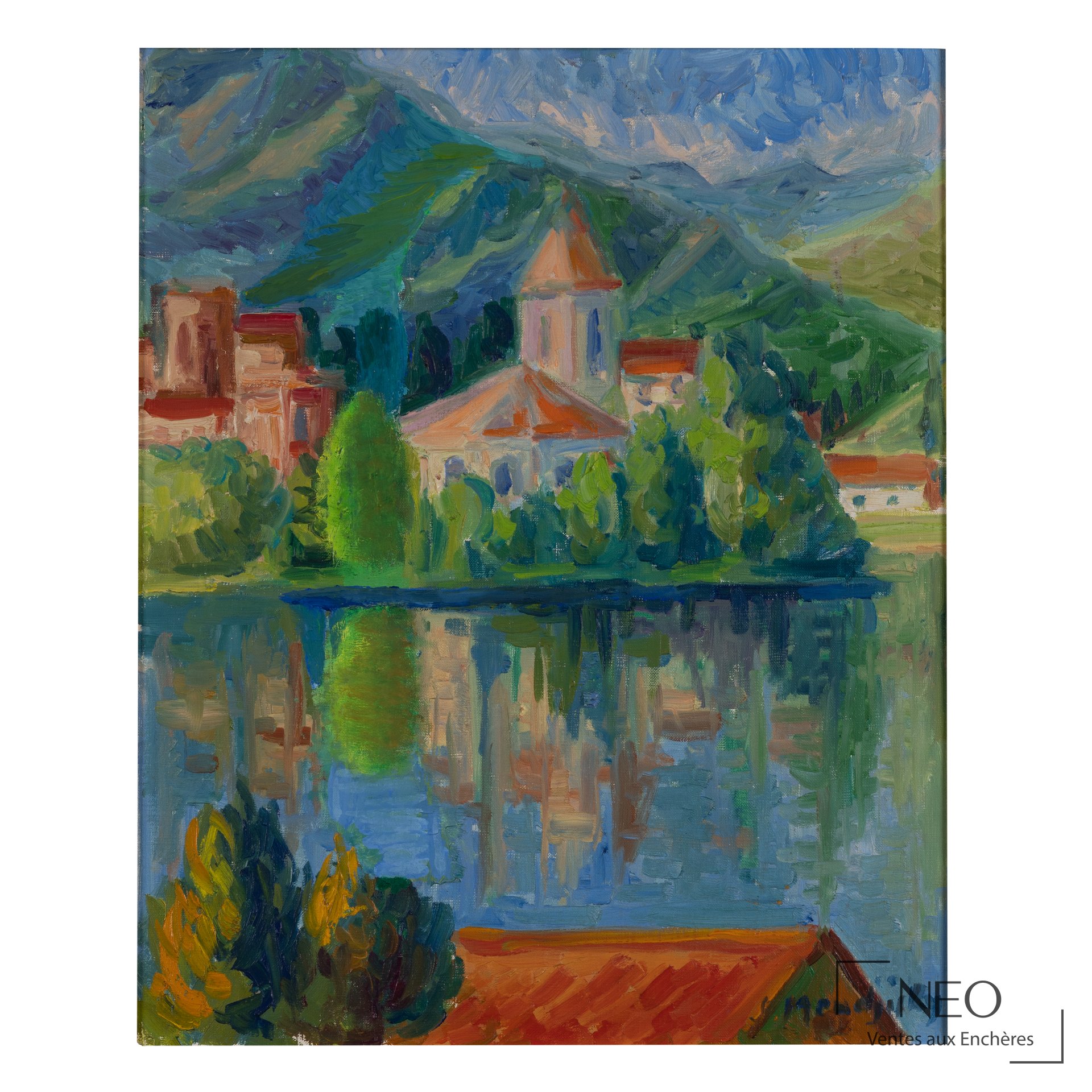 Huile sur toile de Serge Mendjiski représentant Le Lac d'Annecy