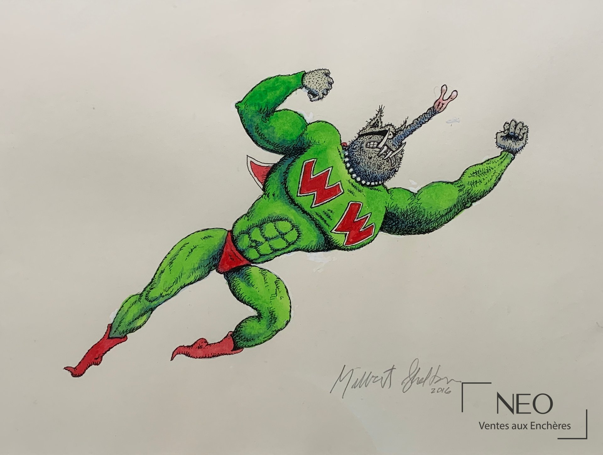 Shelton Gilbert, Wonder wart-hog flying, aquarelle et gouache signée