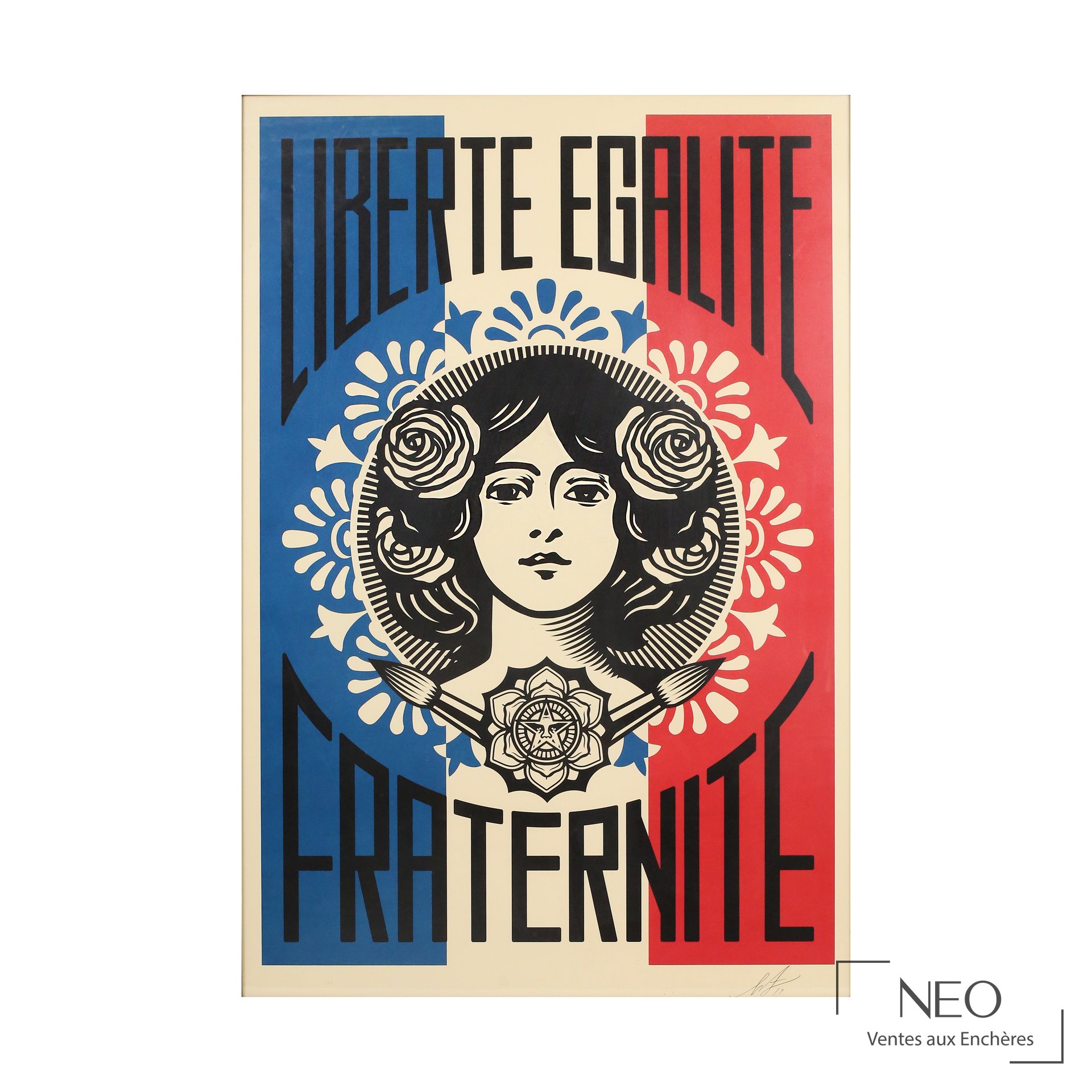 Sérigraphie de Shepard Fairey représentant un portrait féminin sur fond tricolore