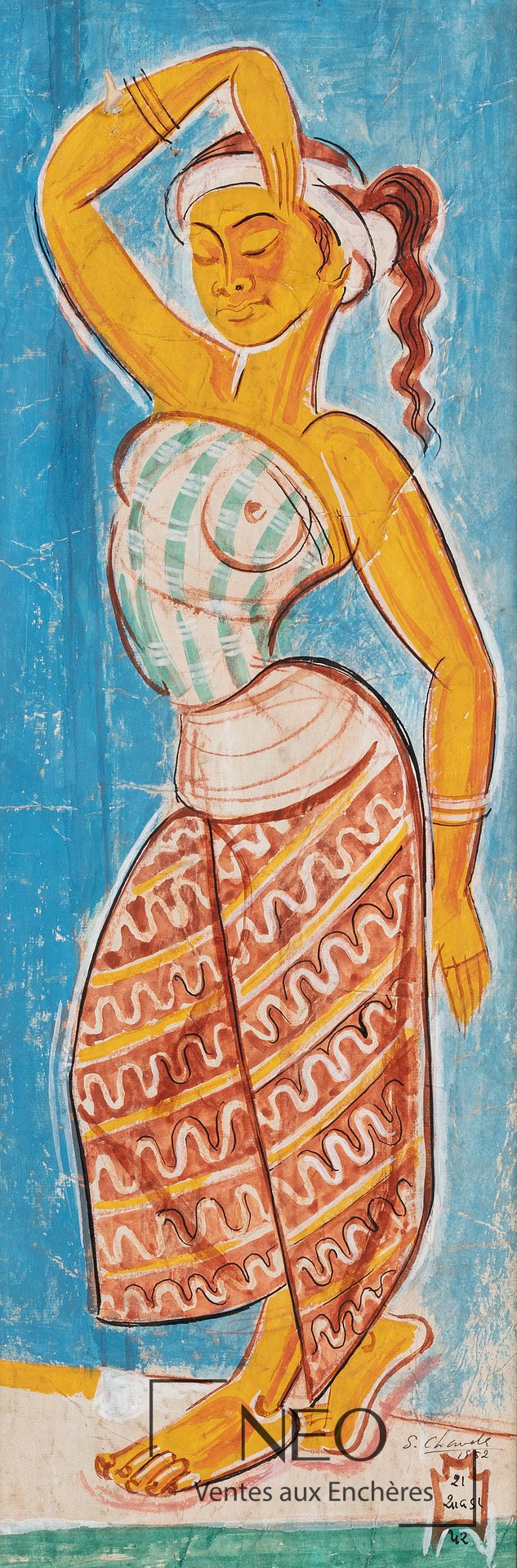 Shiavax Chavda, Danseuse, aquarelle et sanguine sur papier froissé, 1952
