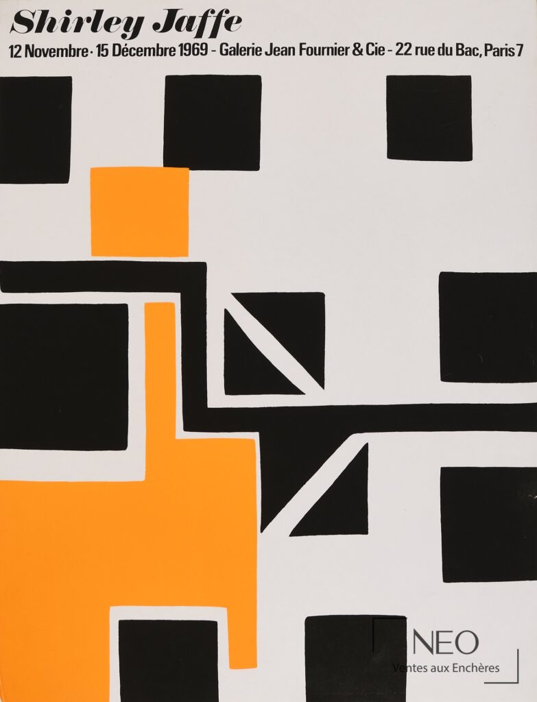 Affiche d’exposition de Shirley Jaffe avec composition abstraite noire et orange