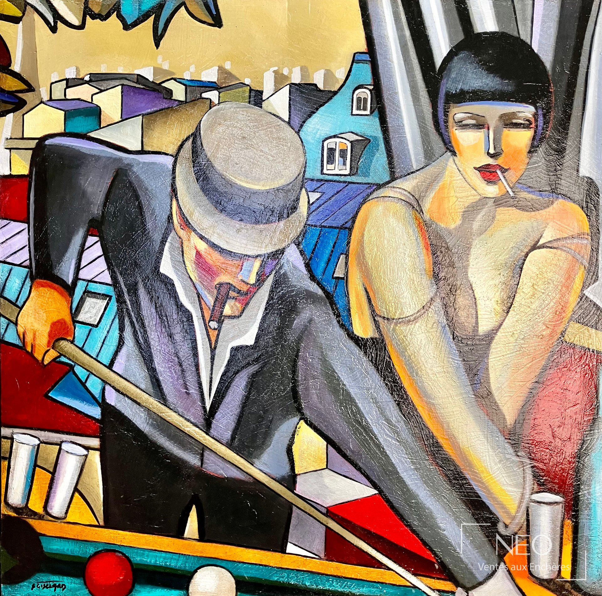 Huile sur toile de Stéphane Gisclard représentant deux figures dans une composition colorée