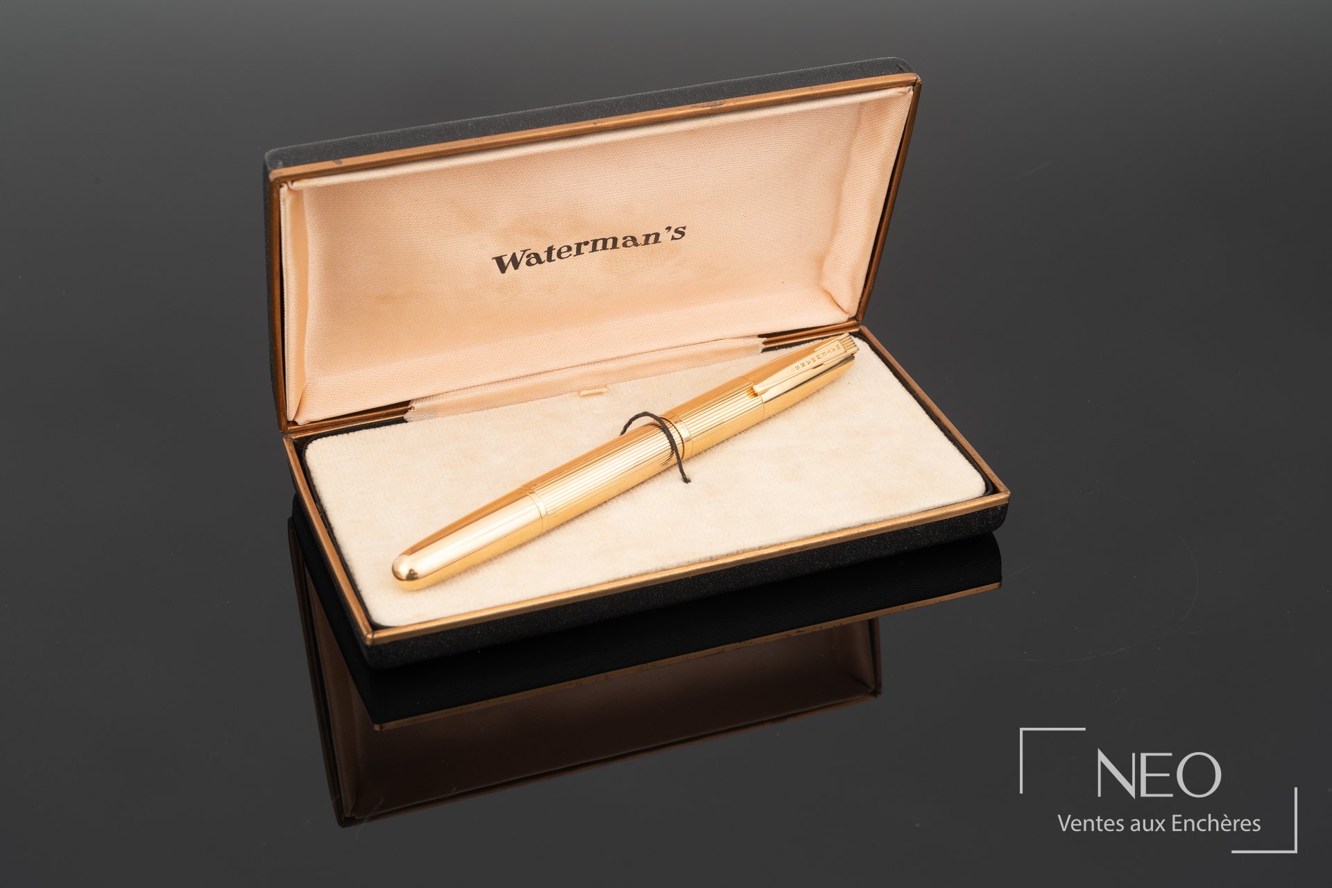 Stylo plume Waterman's en or jaune présenté dans son étui ouvert