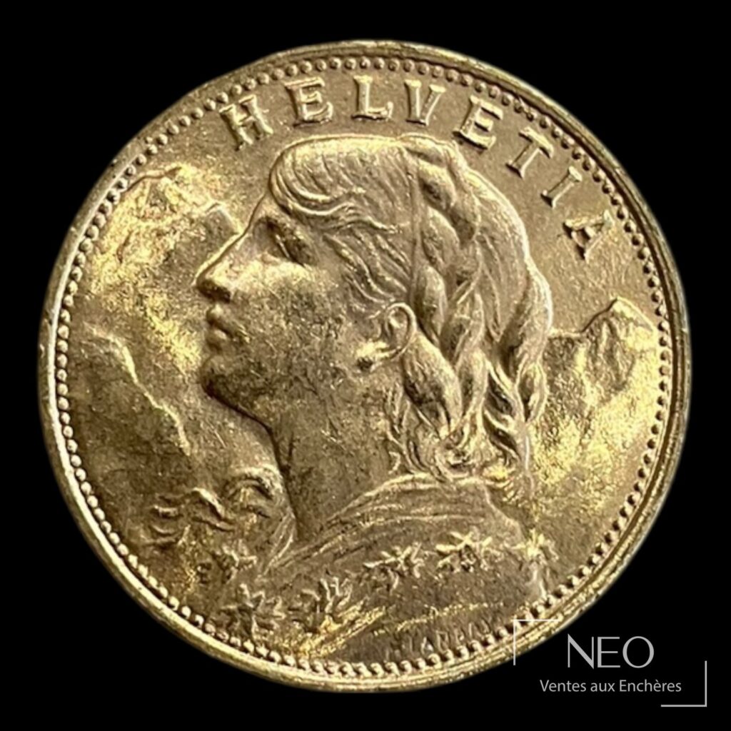 Avers d'une pièce suisse Helvetia de 20 francs or