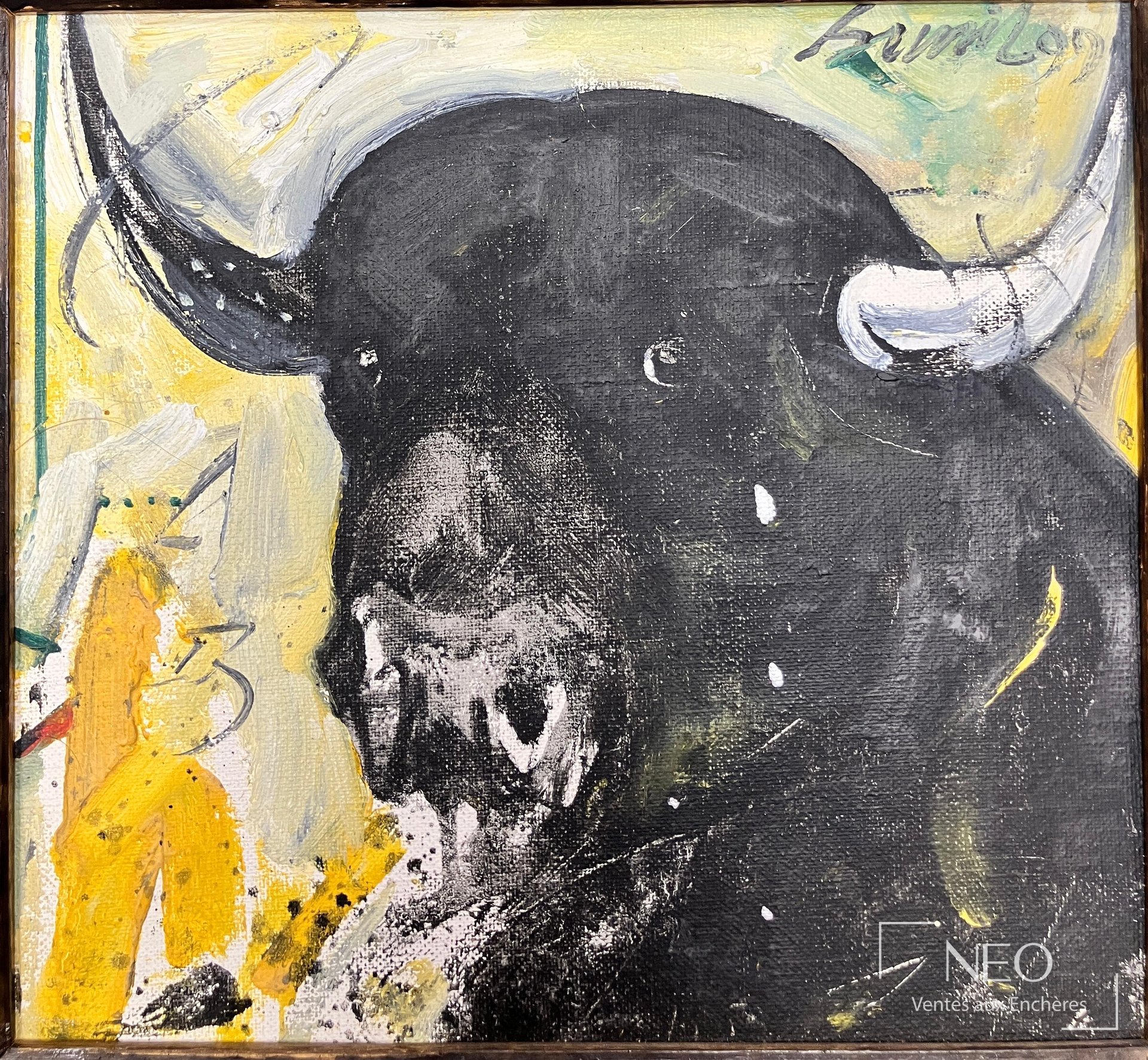 Composition abstraite avec tête de taureau noire sur fond jaune et blanc