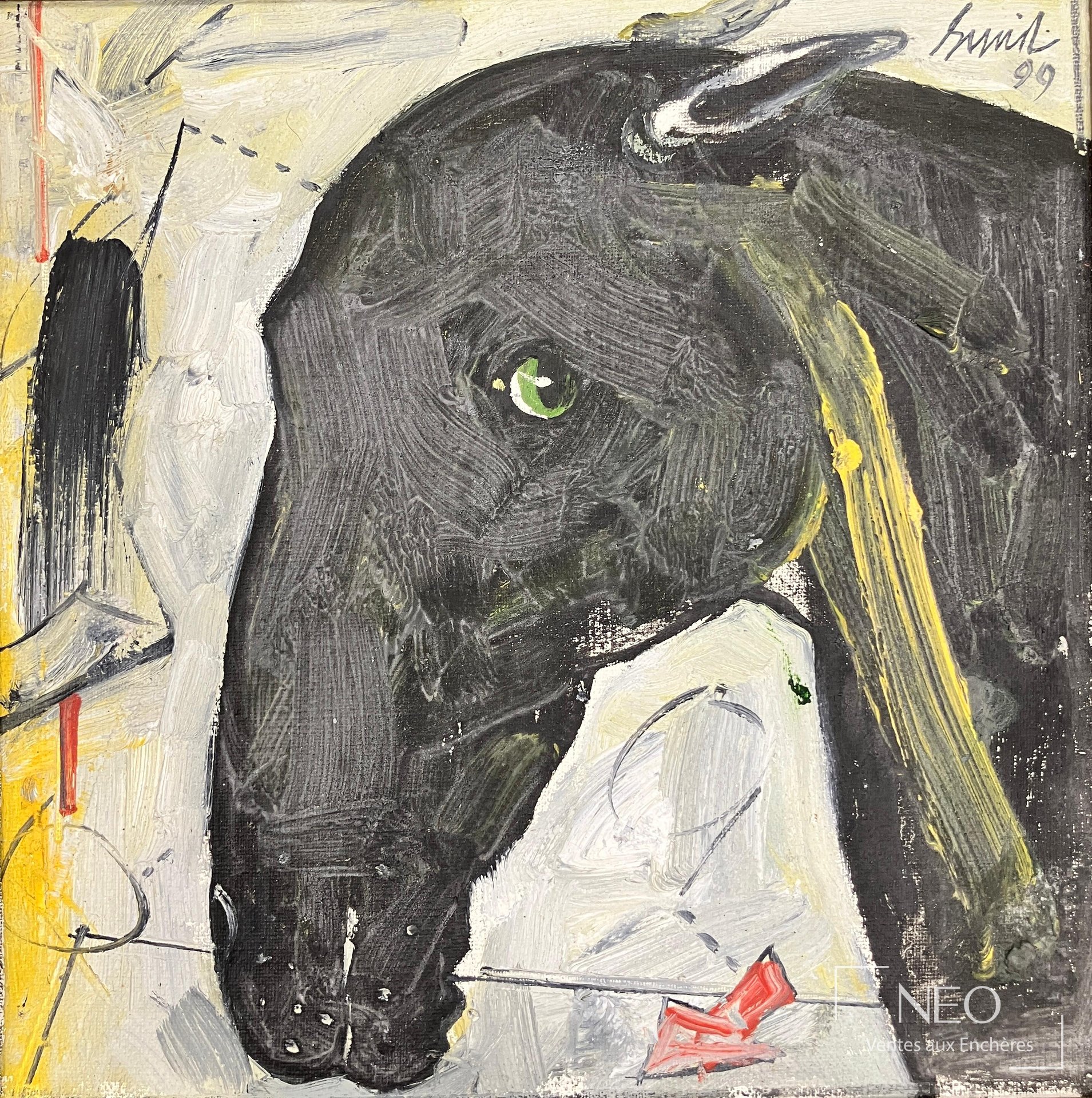 Composition de Sunil Das montrant la tête d’un cheval noir aux accents jaunes et rouges