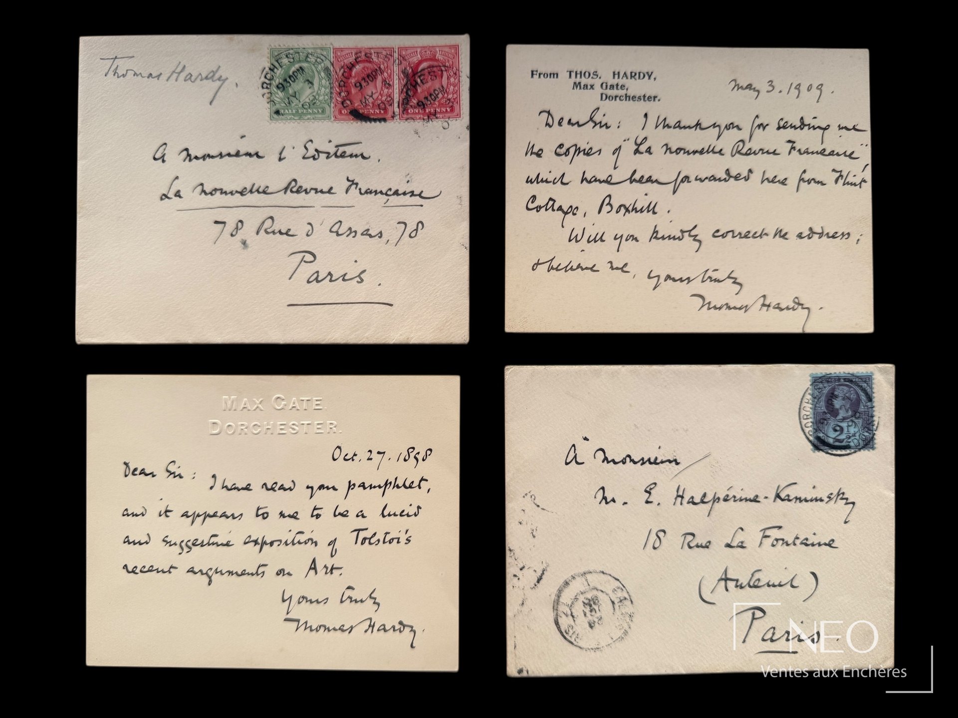 Thomas Hardy, deux lettres autographes signées avec enveloppes conservées