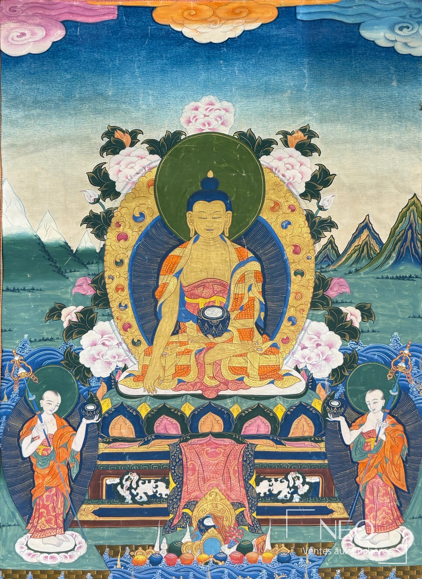 Tibet thangka Bouddha assis entouré de sages du bouddhisme, XXe siècle